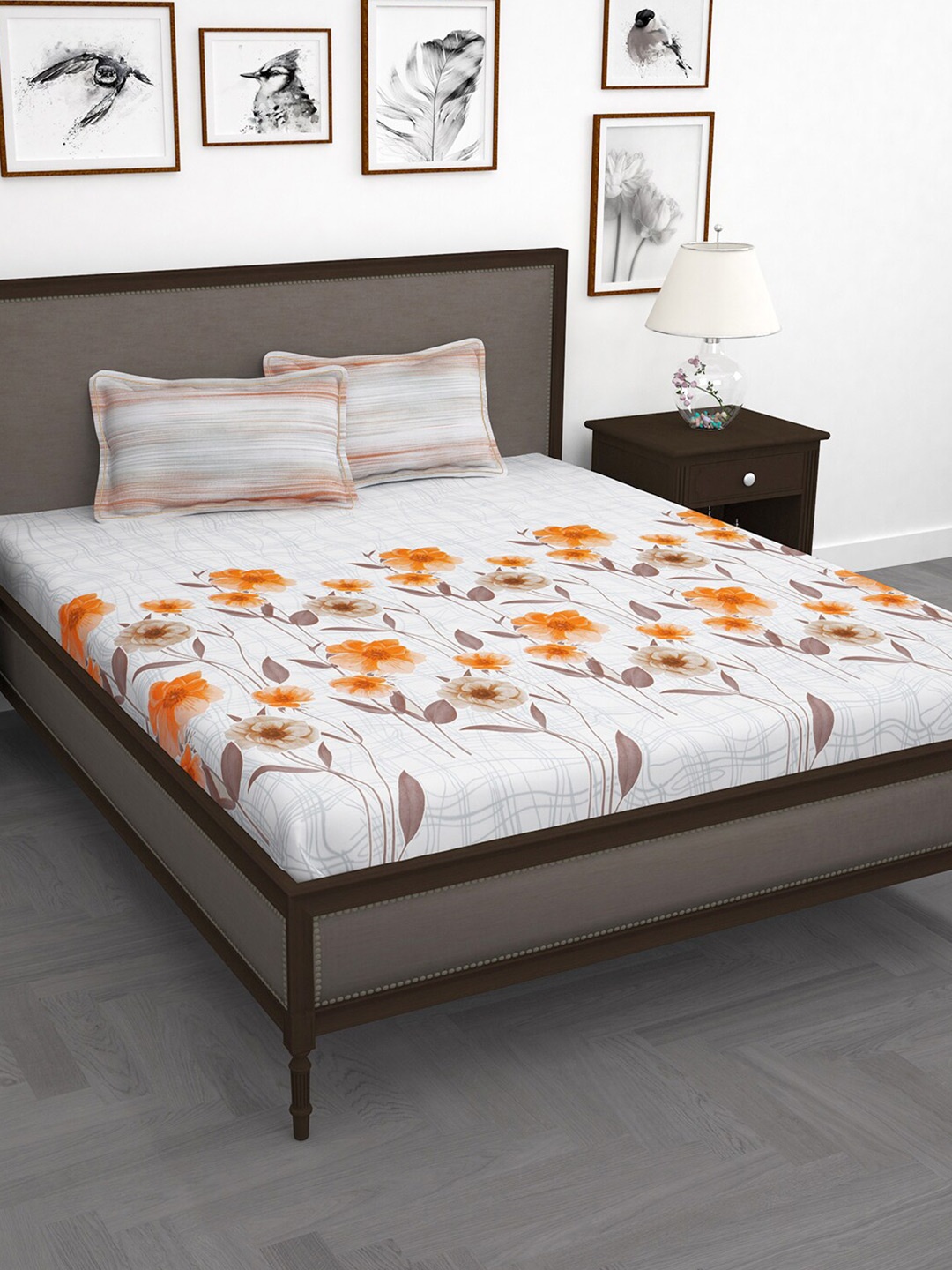 

Story@home Off White & Orange Floral 210 TC King Bedsheet with 2 Pillow Covers
