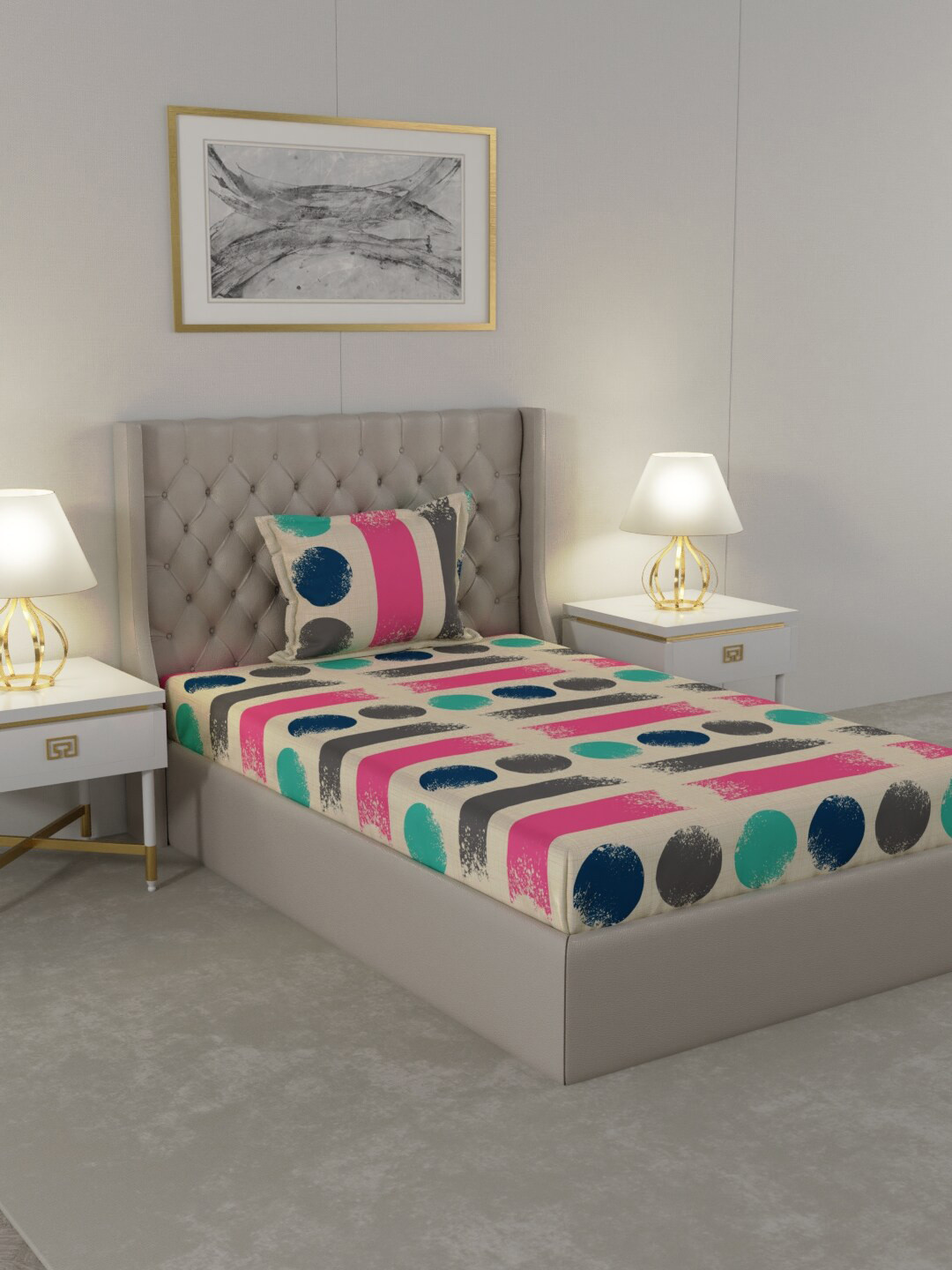 

Raymond Home Beige & Blue Printed 104 TC Single Bedsheet with 1 Pillow Covers