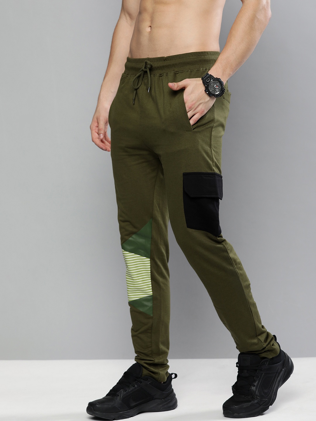 

HERE&NOW Men Olive & White Colourblocked Track Pants