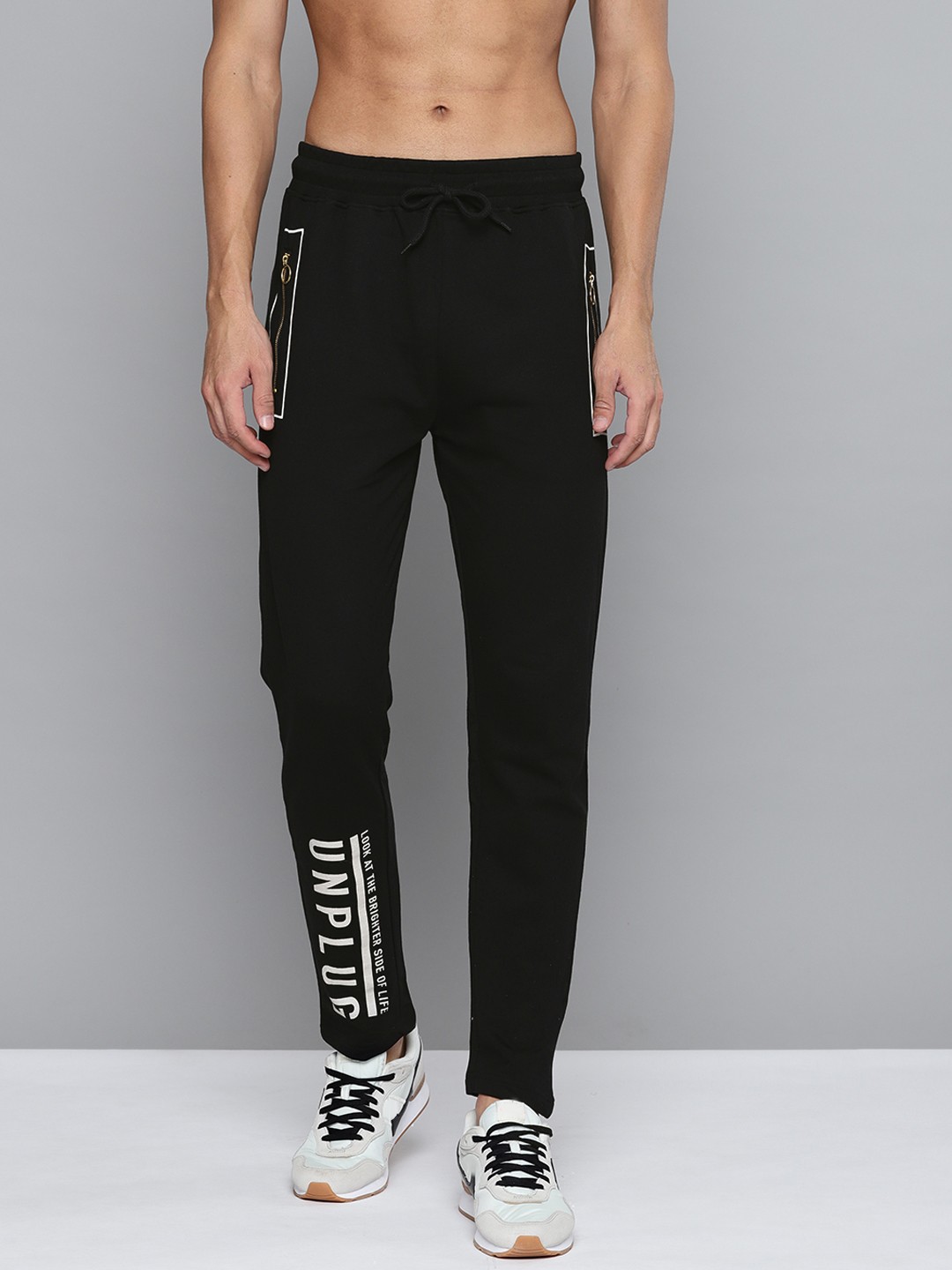 

HERE&NOW Men Black & White Pure Cotton Printed Detail Track Pants