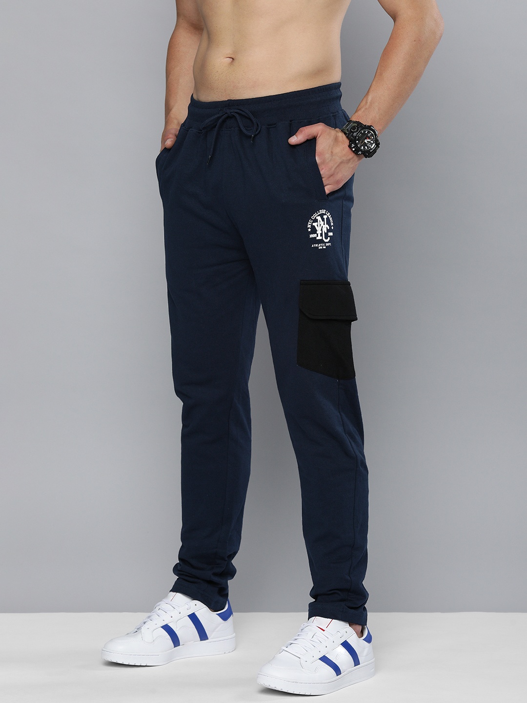 

HERE&NOW Men Navy Blue Printed Detail Pure Cotton Track Pants