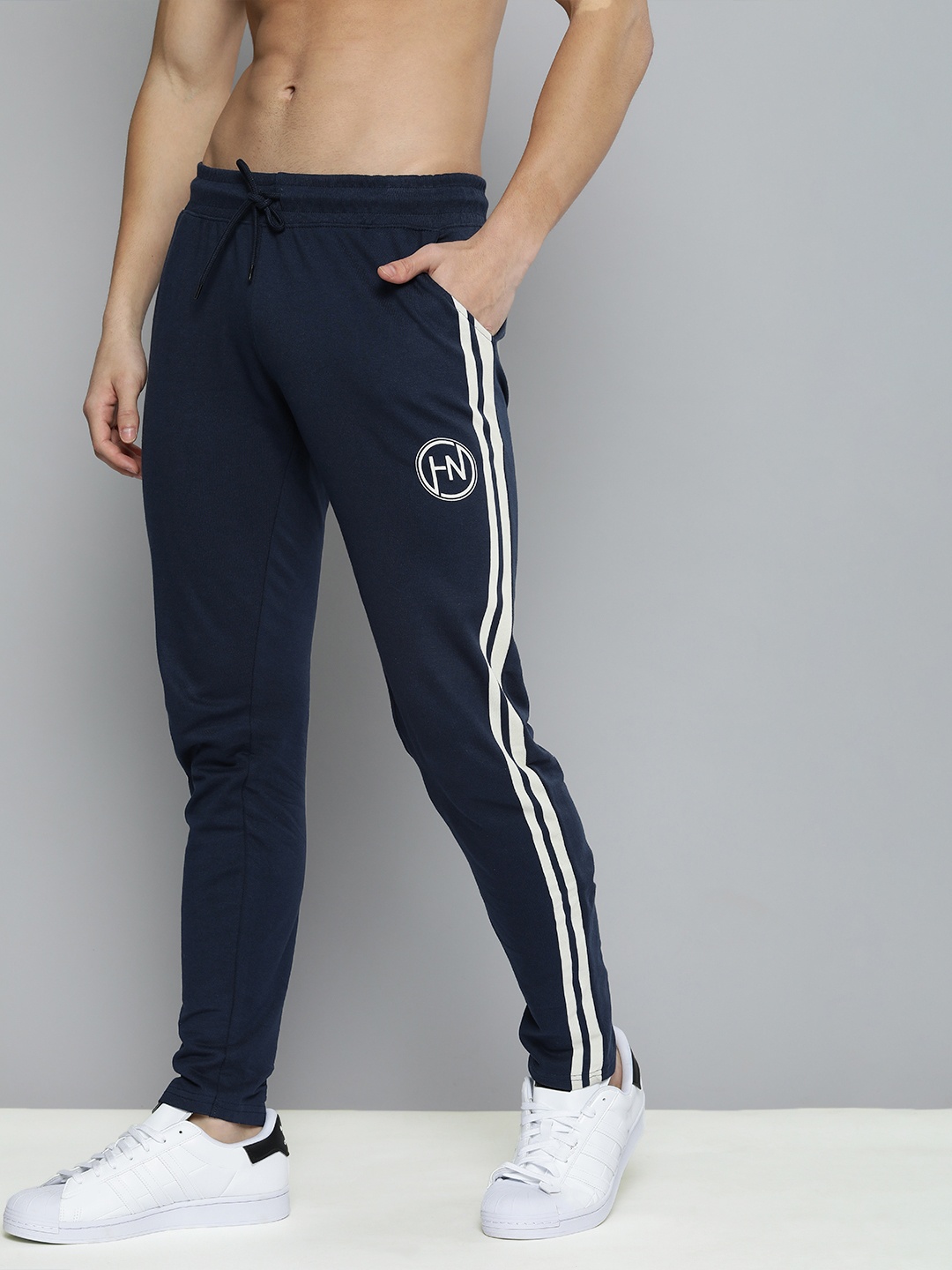 

HERE&NOW Men Navy-Blue Solid Pure Cotton Regular Track Pants With Side Stripes