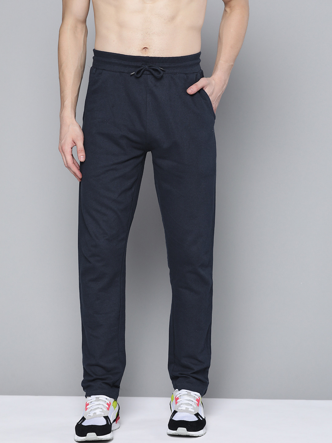 

HERE&NOW Men Navy Blue Solid Cotton Track Pants