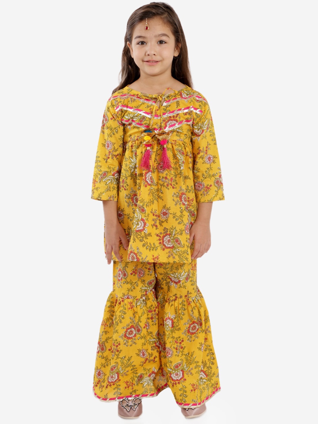 

KID1 Girls Yellow Floral Printed Pure Cotton Kurti with Sharara