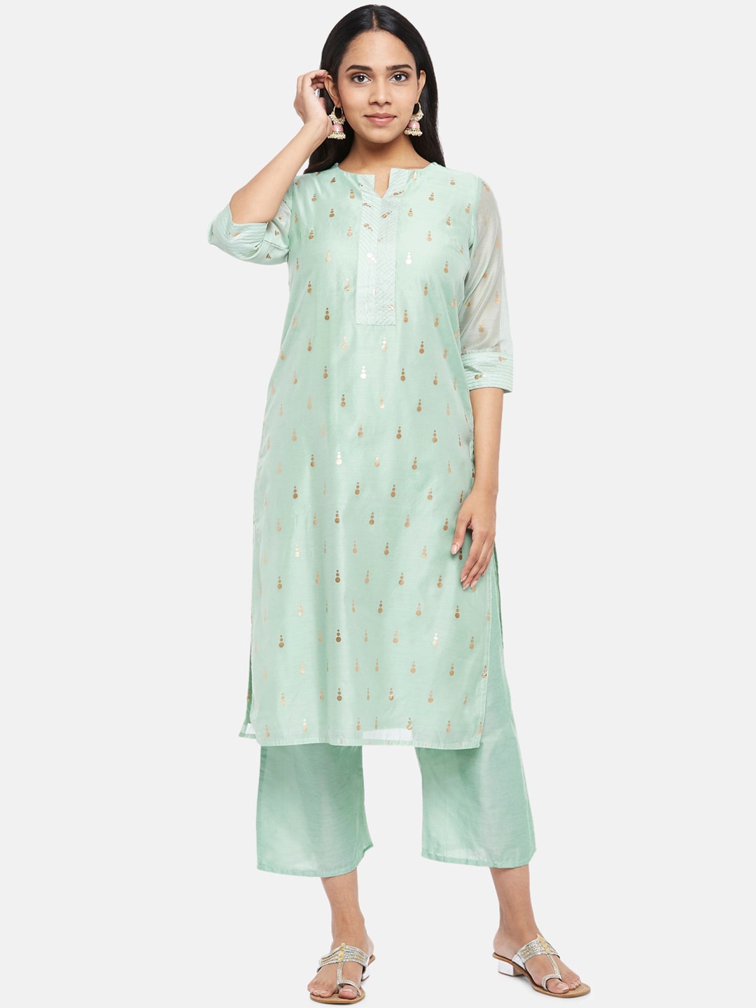 

RANGMANCH BY PANTALOONS Sea Green Printed Regular Chanderi Silk Kurta with Palazzos