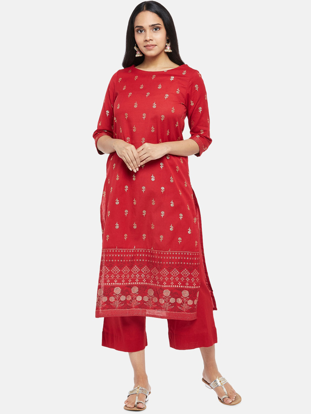 

RANGMANCH BY PANTALOONS Women Red Floral Printed Pure Cotton Kurta with Palazzos