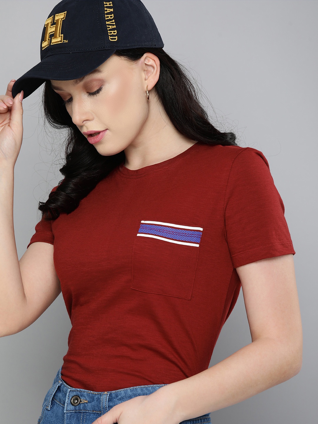 

Harvard Women Red Blue Printed Pure Cotton T-shirt