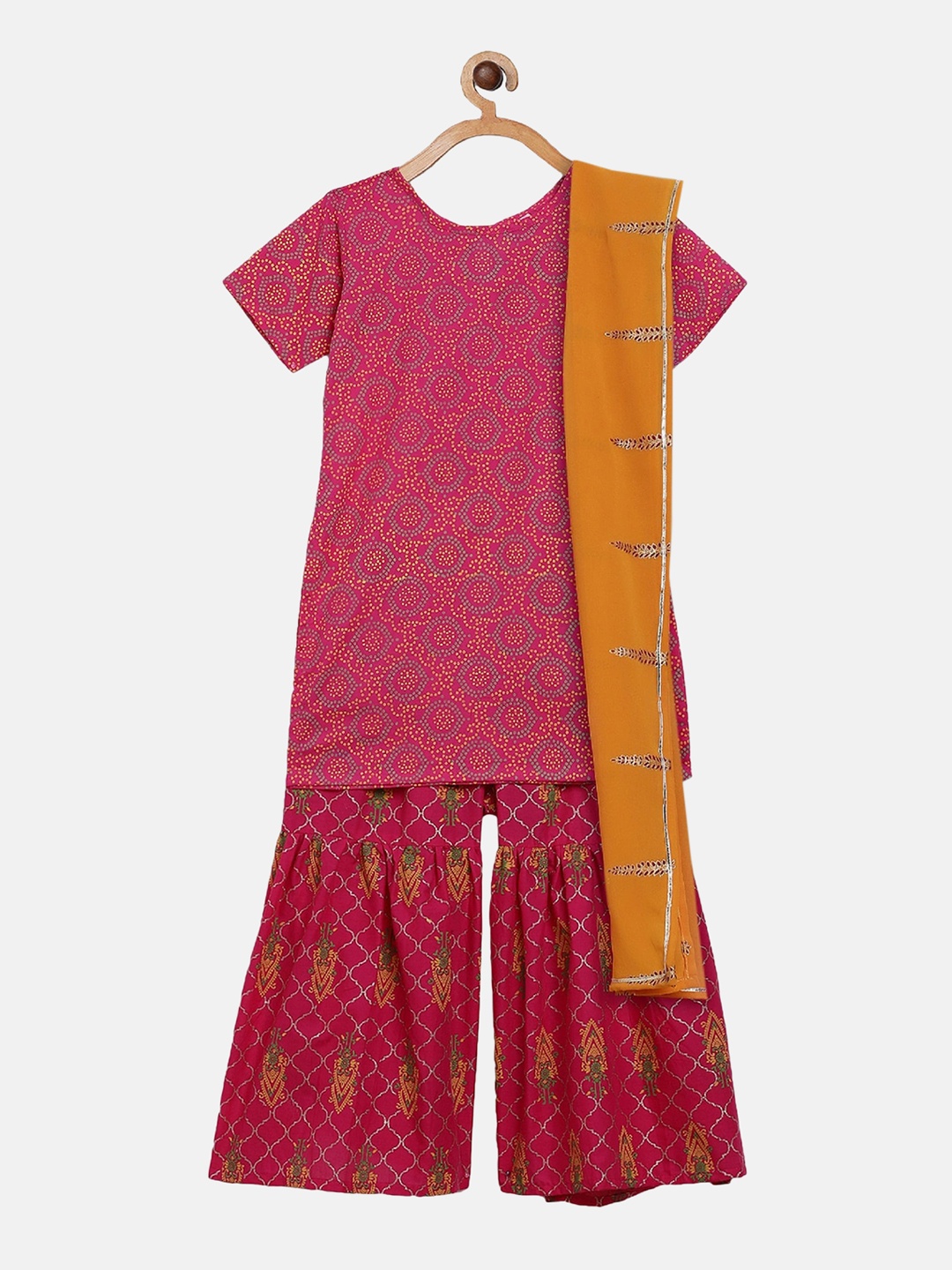 

Ahalyaa Girls Pink Printed Regular Pure Cotton Kurti & Sharara With Dupatta Set