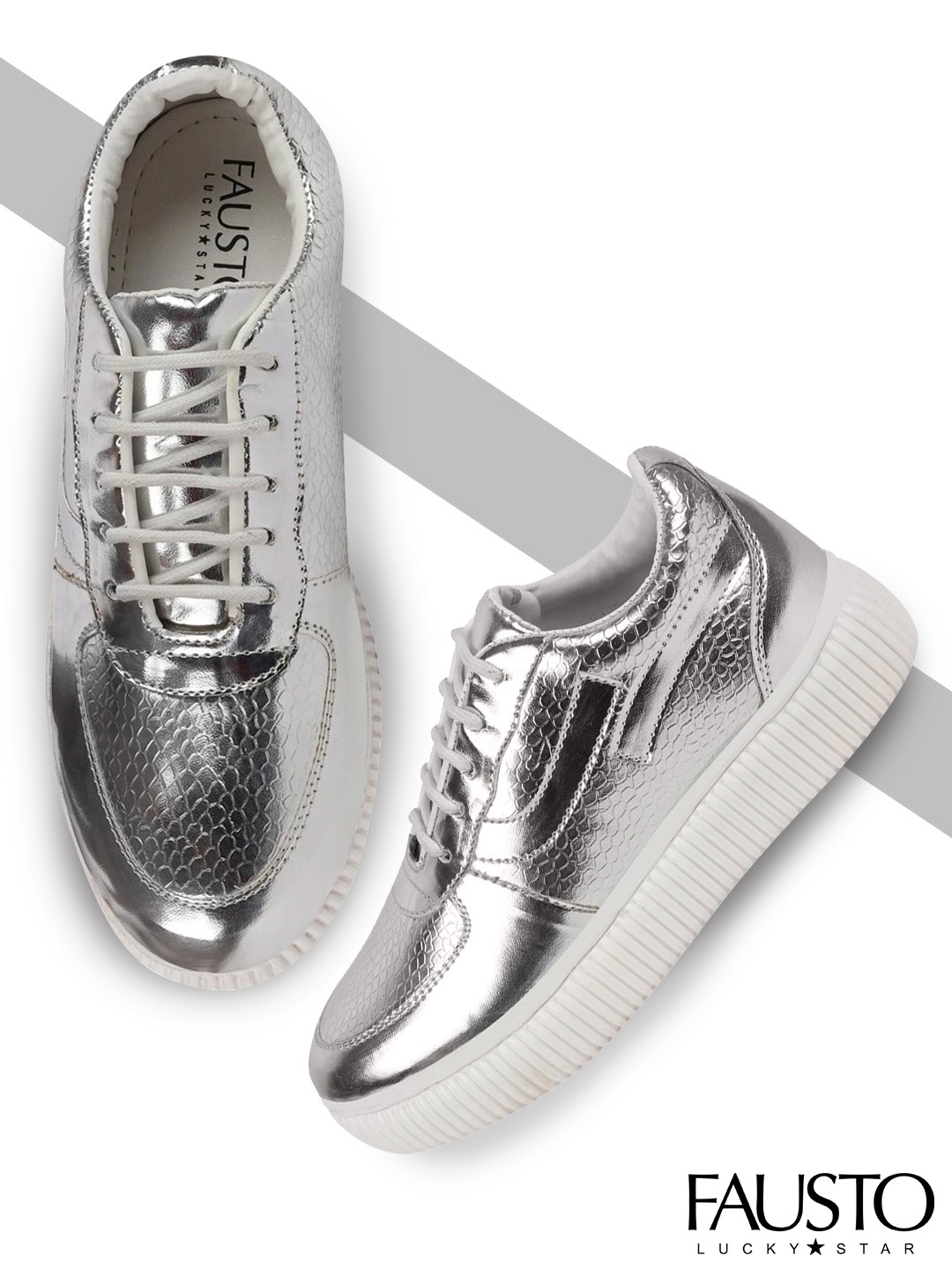 

FAUSTO Women Silver Metallic Lace Up Sneakers