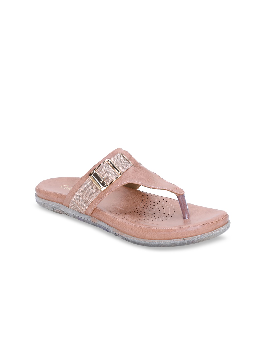 

Get Glamr Women Peach-Coloured Solid T-Strap Flats With Buckle Detailing
