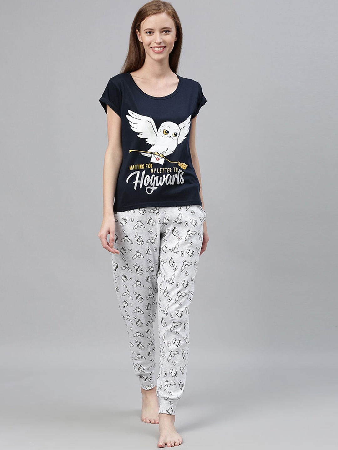 

Snarky Gal Women Navy Blue & Grey Printed T-Shirt & Pyjama Night suit