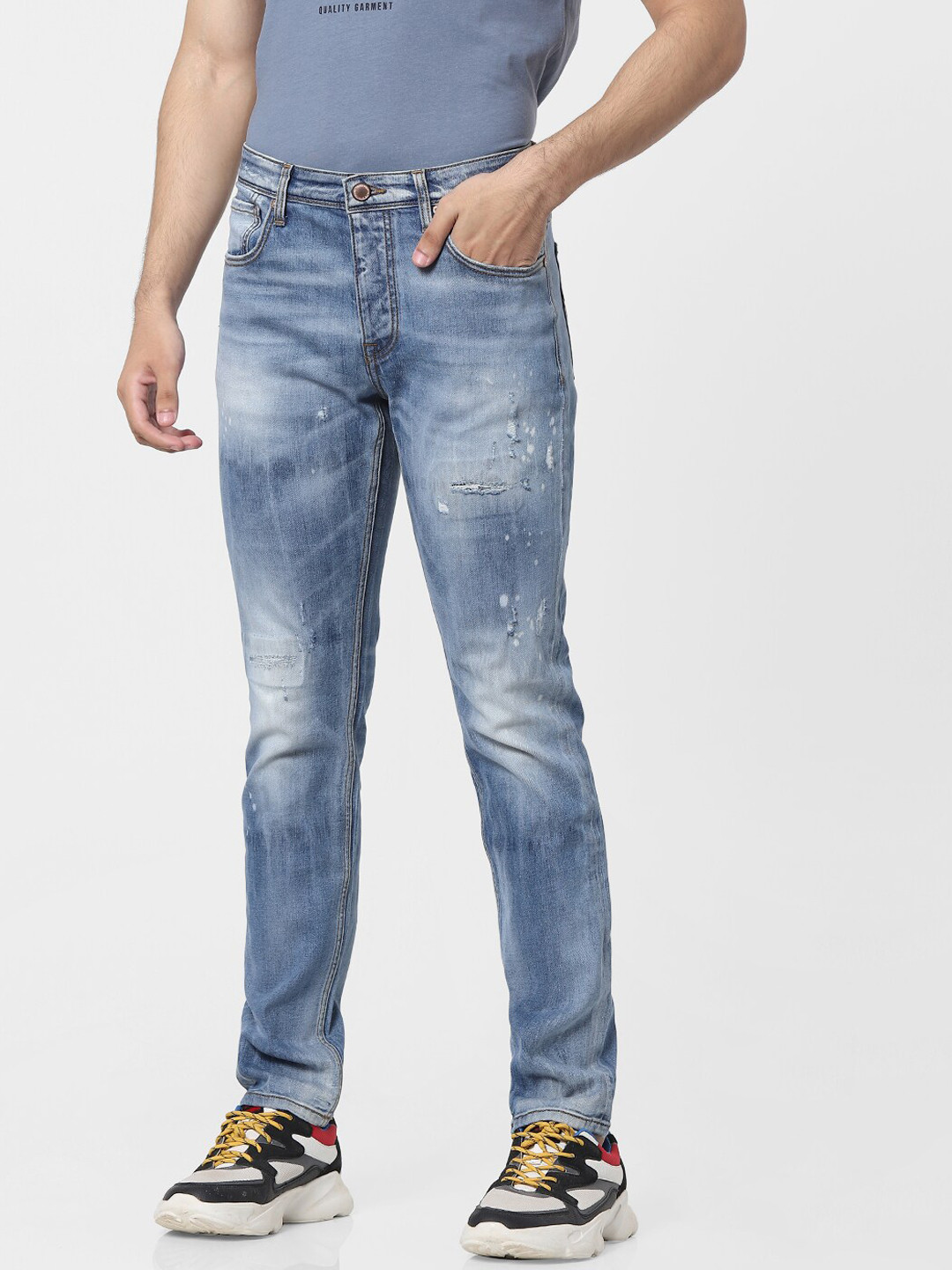 

Jack & Jones Men Blue Slim Fit Low-Rise Low Distress Heavy Fade Stretchable Jeans