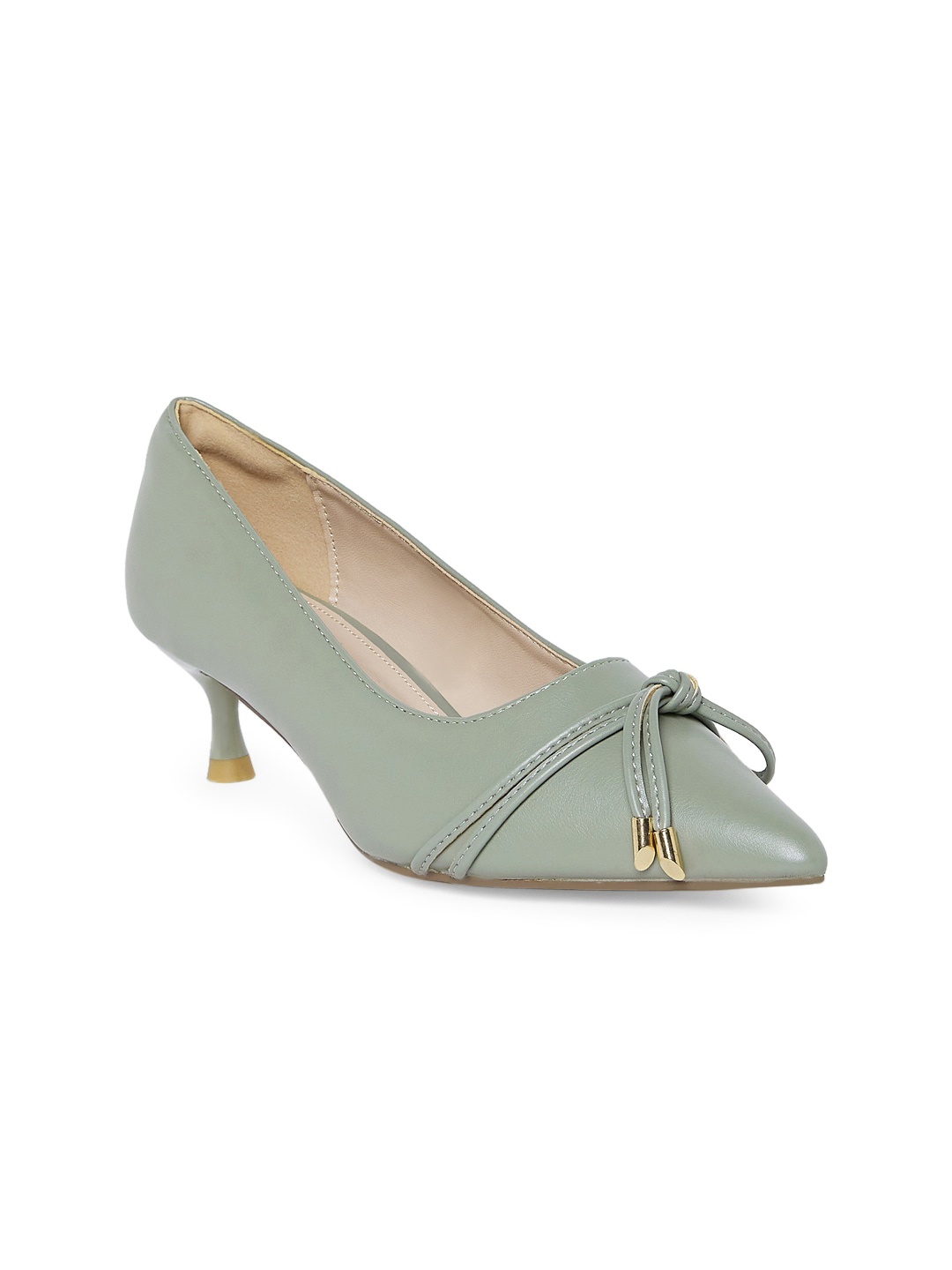 

Forever Glam by Pantaloons Women Green Textured PU Kitten Pumps With Bows