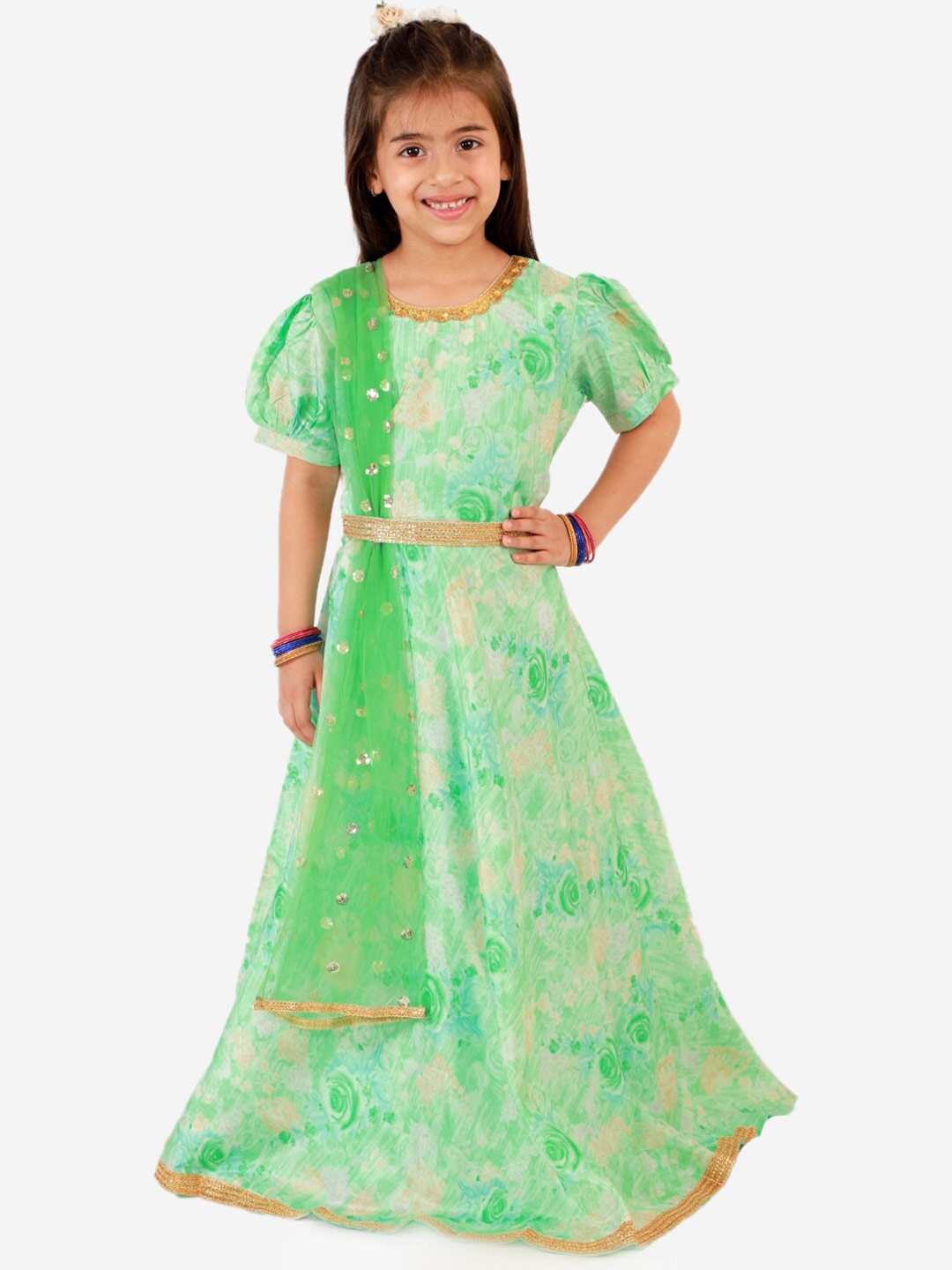 

KID1 Girls Green Floral Gown with Belt And Dupatta