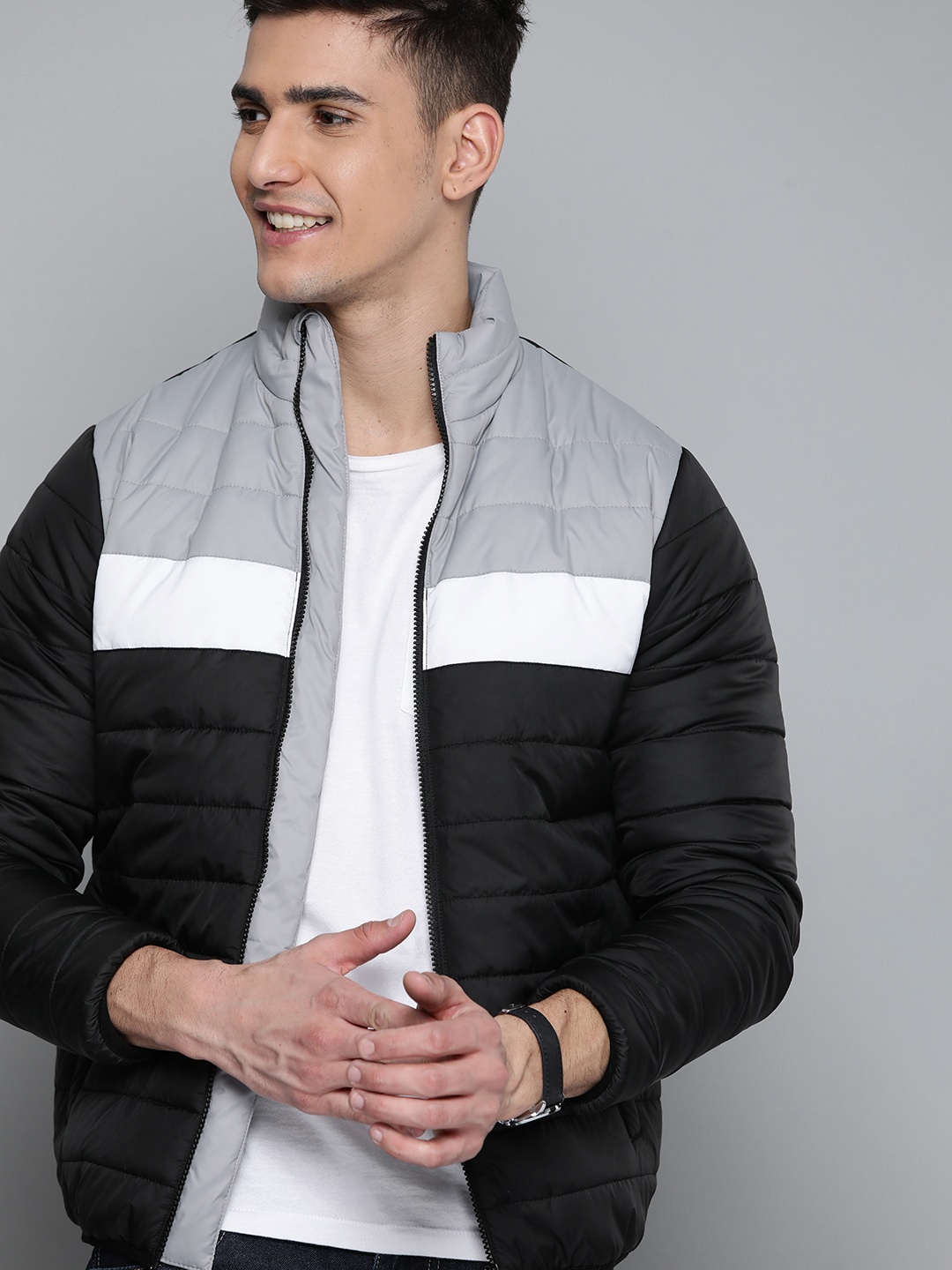 

Mast & Harbour Men Black & Grey Colourblocked Padded Jacket with Striped Detail