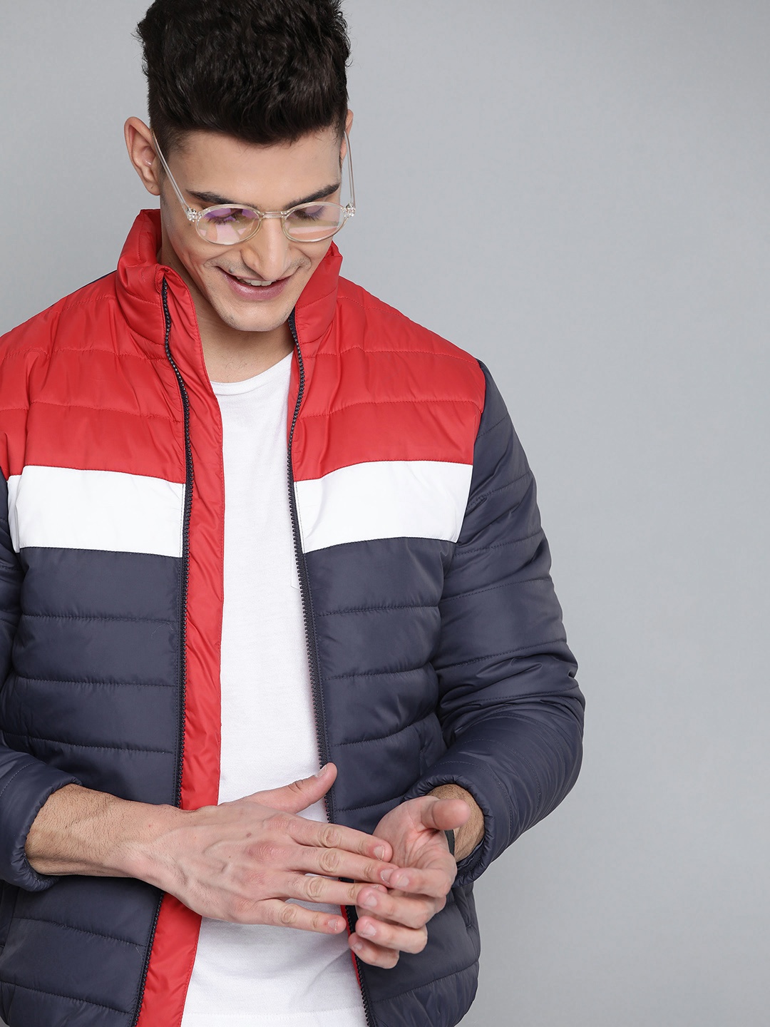 

Mast & Harbour Men Navy Blue & Red Colourblocked Padded Jacket with Striped Detail