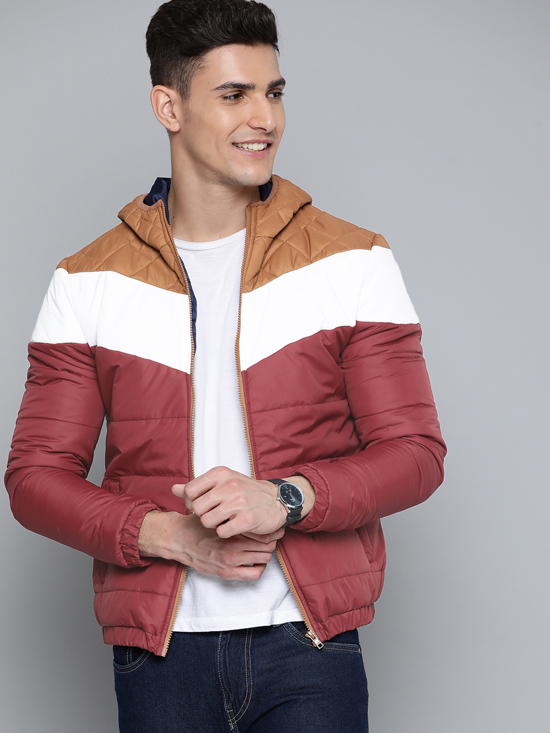 

Mast & Harbour Men Maroon & Camel Brown Colourblocked Quilted Detail Hooded Padded Jacket