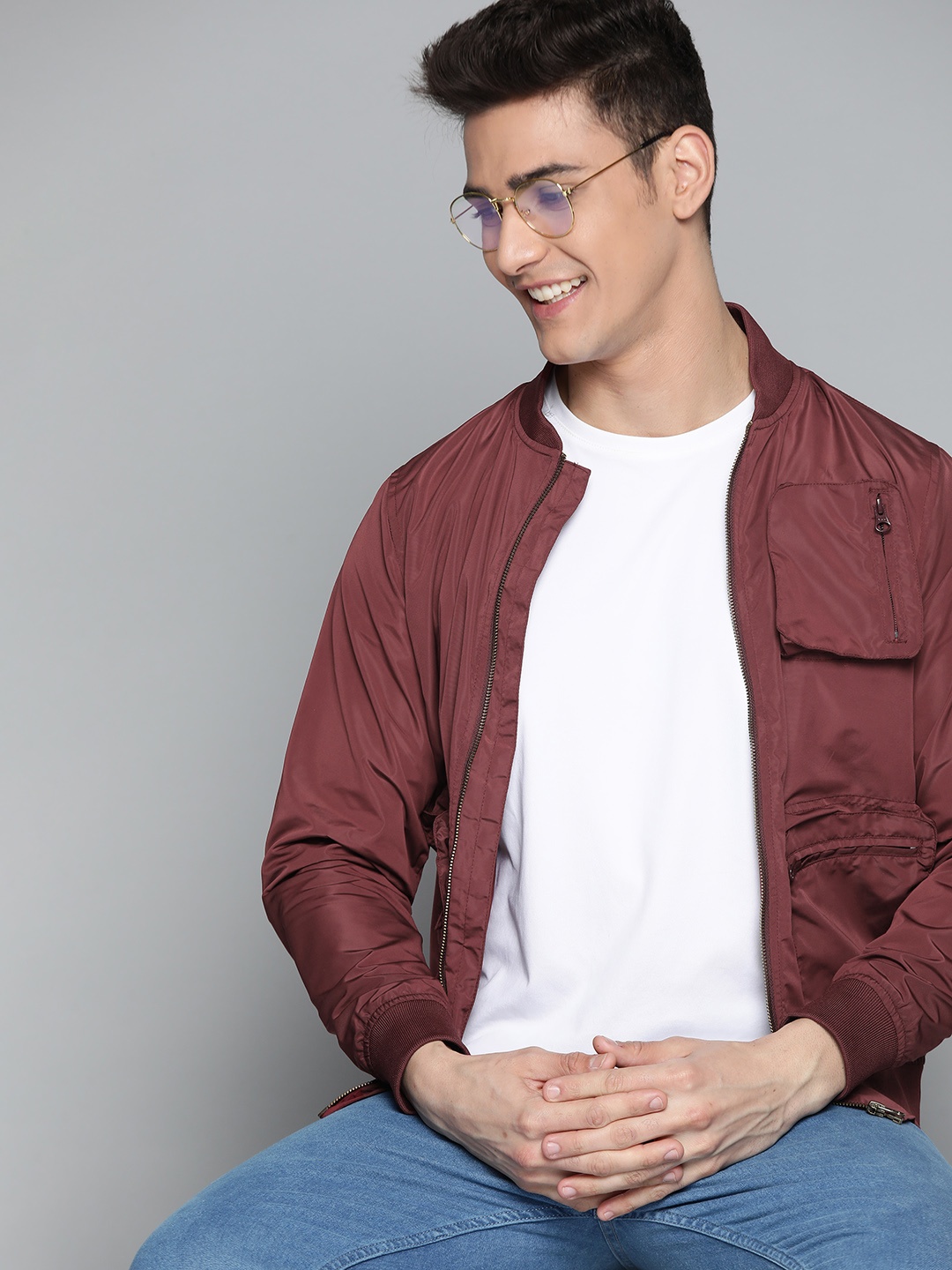 

Mast & Harbour Men Burgundy Utility Bomber Jacket