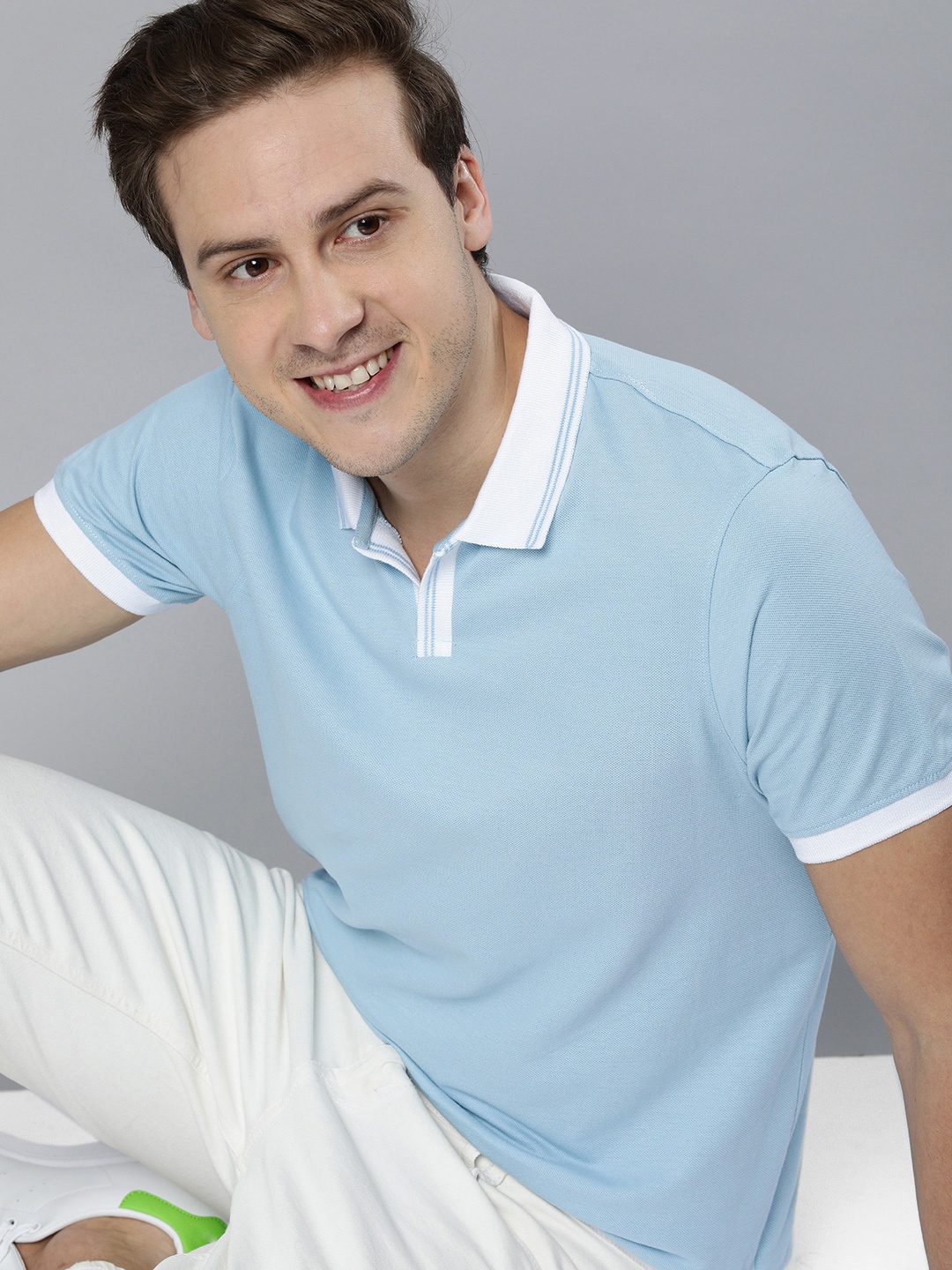 

Mast & Harbour Men Light Blue Solid Polo Collar Pure Cotton Casual T-shirt