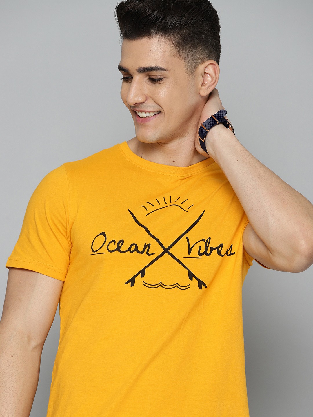 

Mast & Harbour Men Mustard Yellow & Black Pure Cotton Typography Printed T-shirt