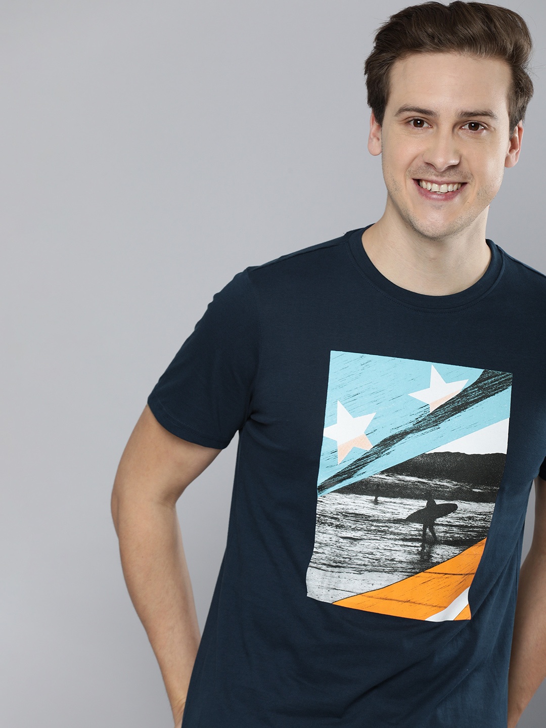 

Mast & Harbour Men Navy Blue Printed Pure Cotton T-shirt