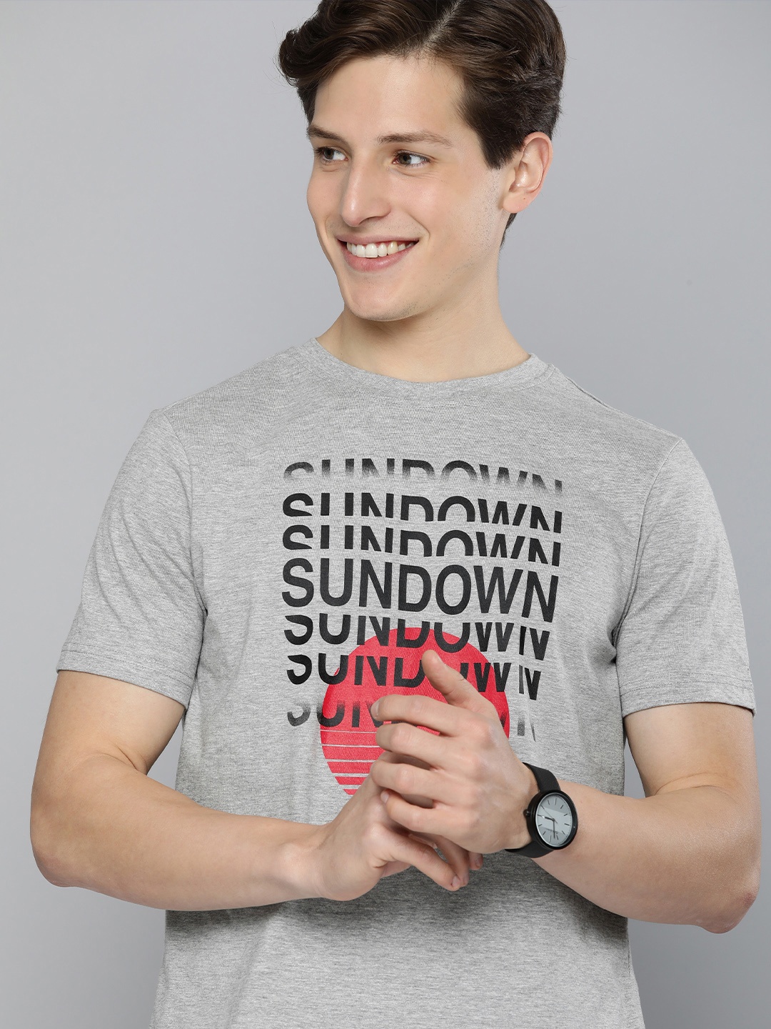 

Mast & Harbour Men Grey Melange Typography Printed Round Neck T-shirt