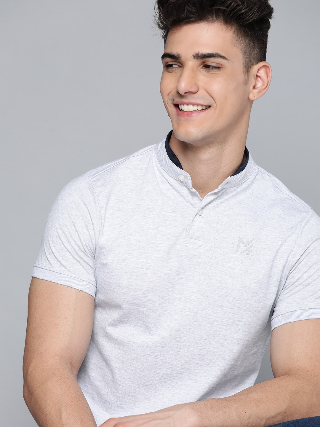 

Mast & Harbour Men Grey Melange Pure Cotton Solid Stand Collar T-shirt