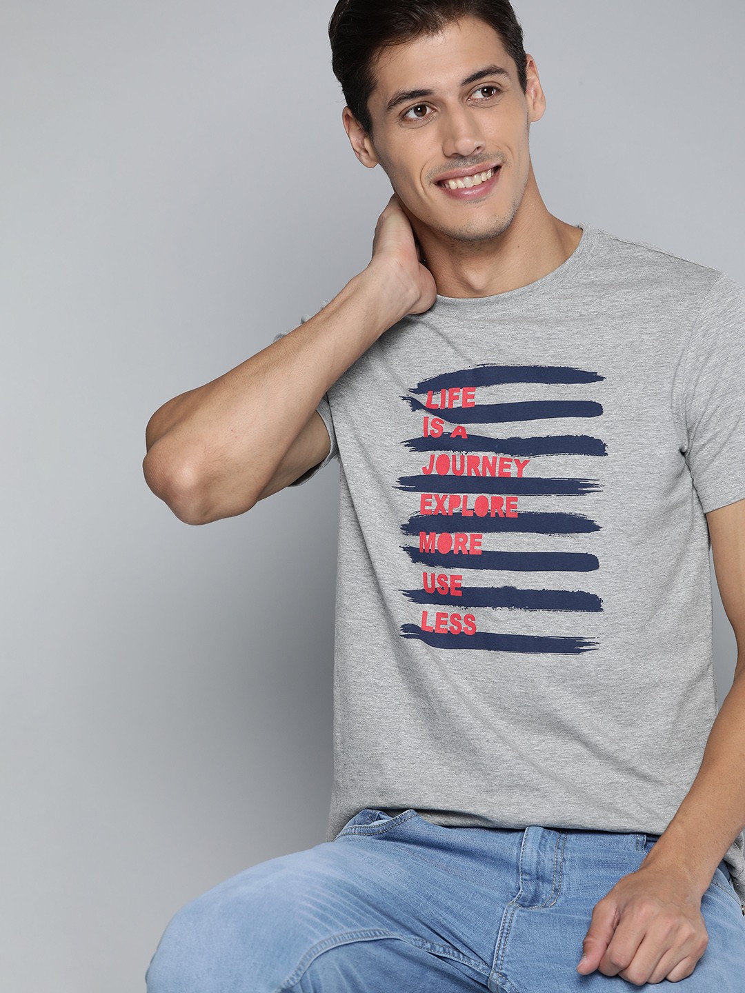 

Mast & Harbour Men Grey Melange & Navy Blue Typography Printed T-shirt