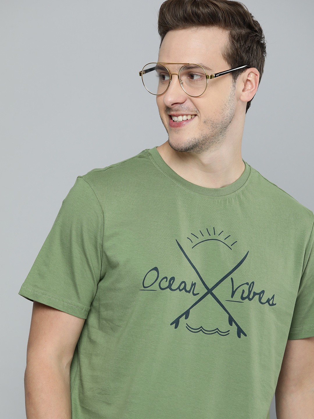 

Mast Harbour Men Green Typography Printed Pure Cotton T-shirt