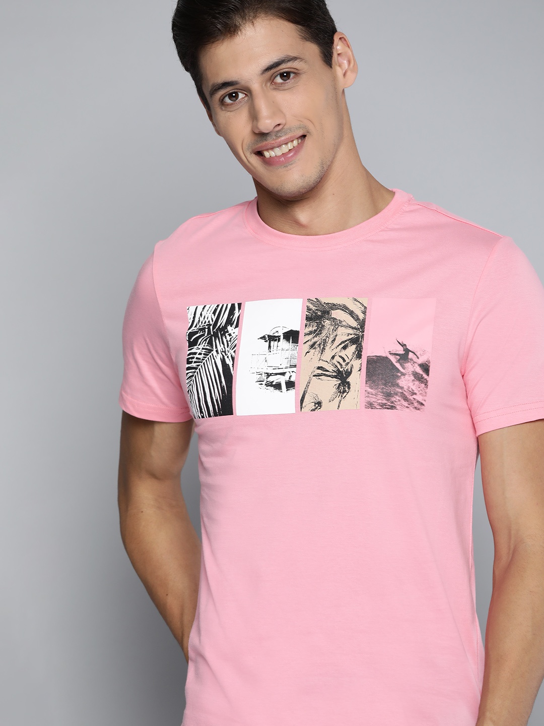 

Mast & Harbour Men Pink & Black Graphic Print Cotton T-shirt