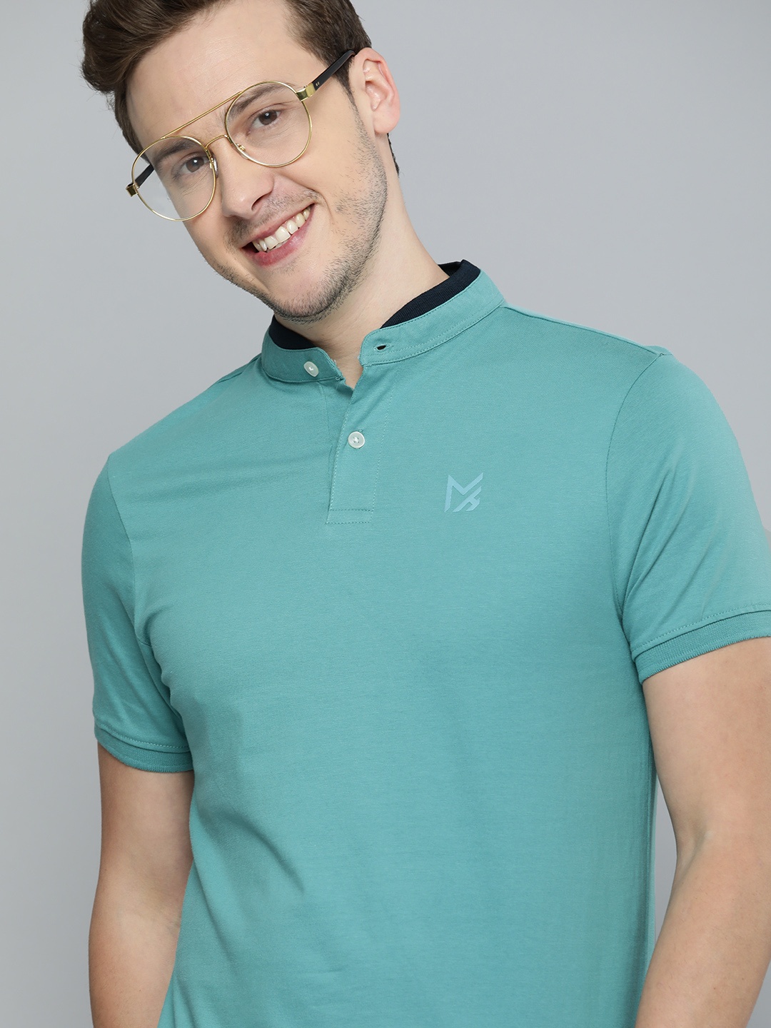 

Mast Harbour Men Turquoise Blue Solid Mandarin Collar Pure Cotton T-shirt