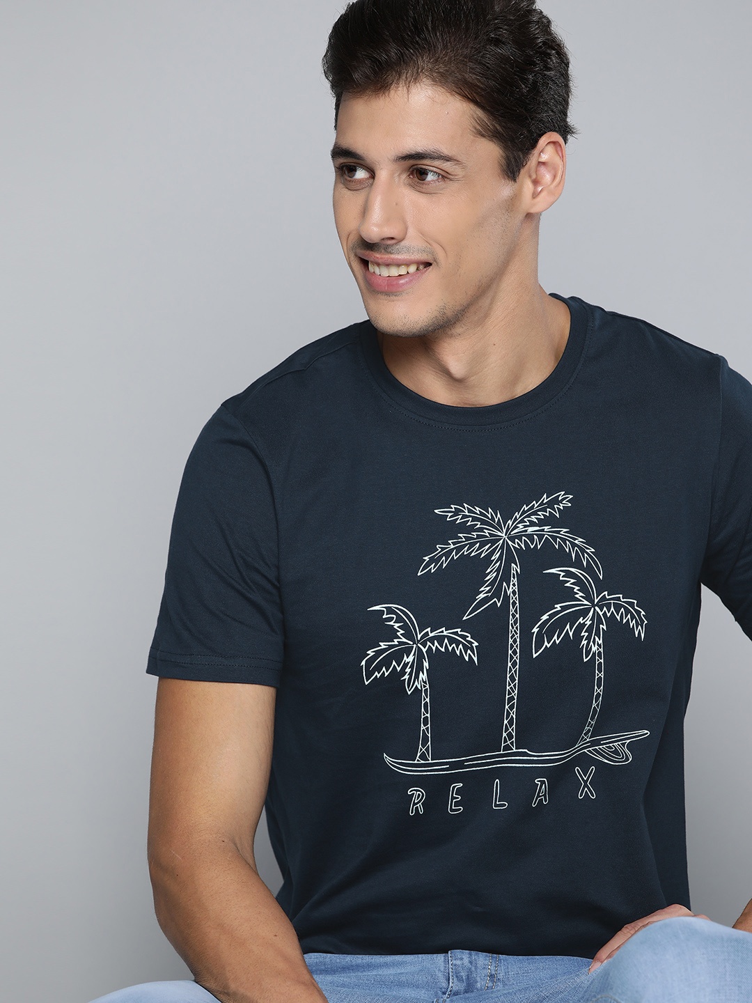 

Mast & Harbour Men Navy Blue Pure Cotton Printed T-shirt