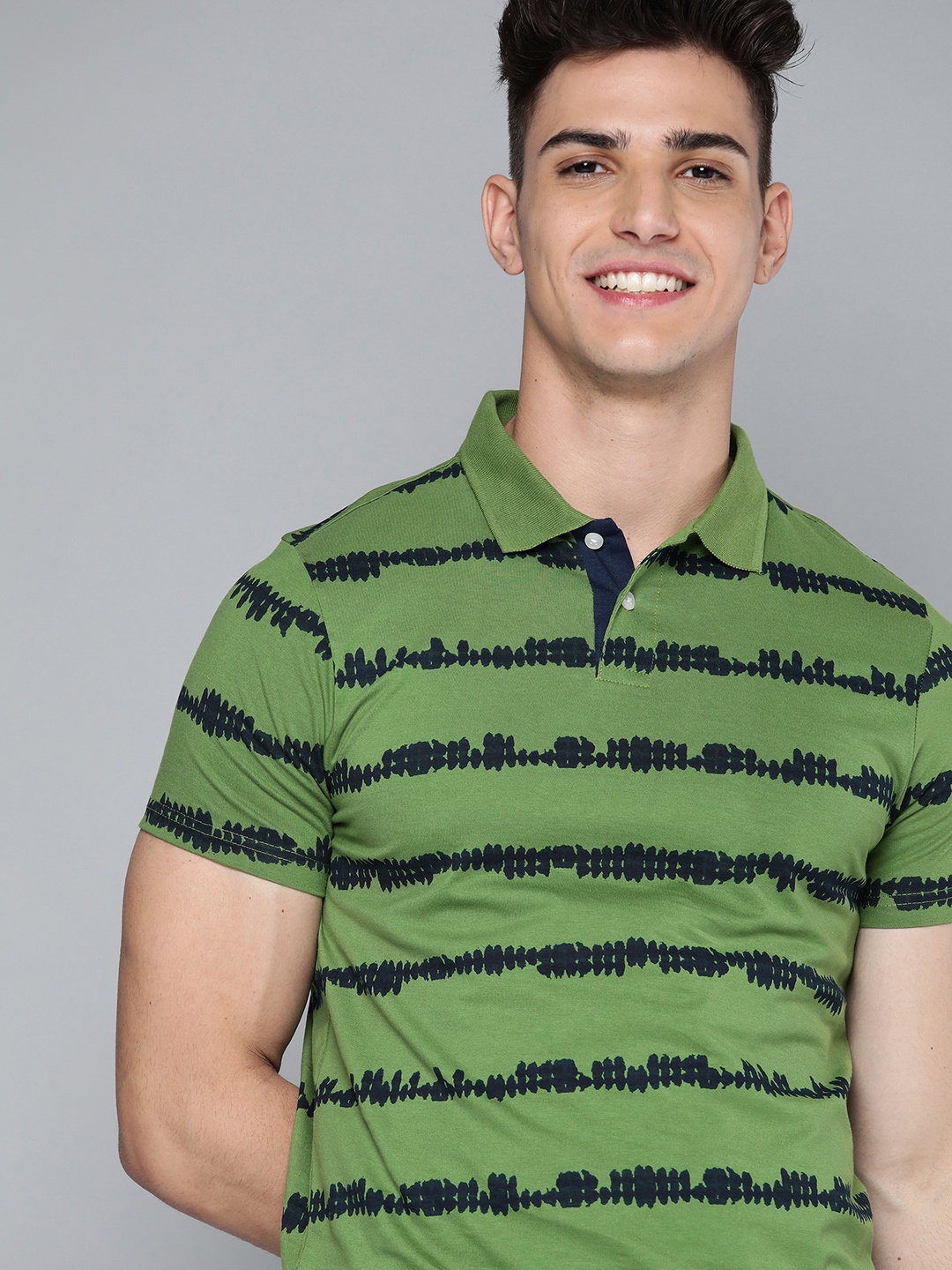 

Mast & Harbour Men Green & Navy Pure Cotton Striped Polo Collar T-shirt