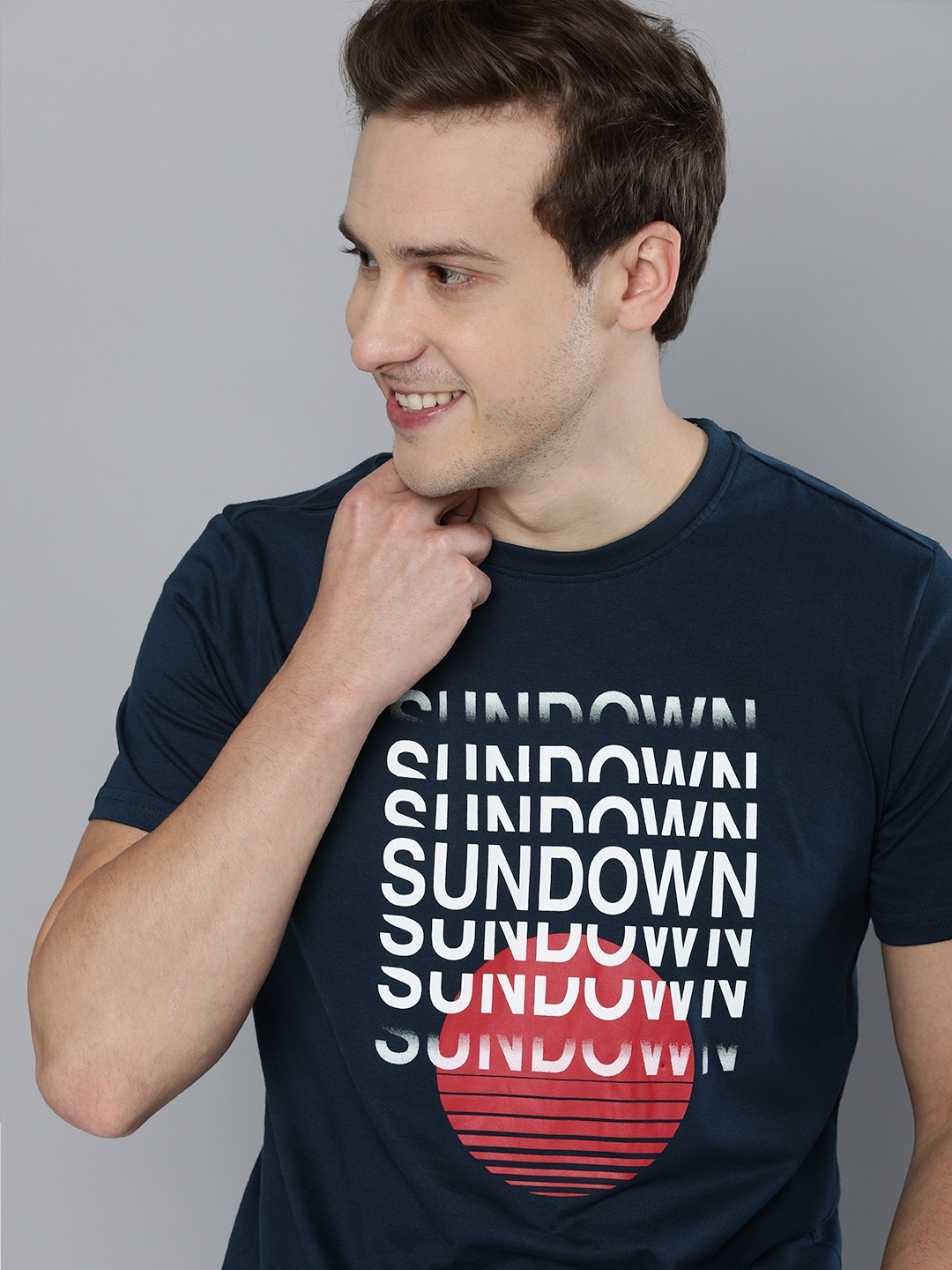 

Mast & Harbour Men Navy Blue Typography Printed Pure Cotton T-shirt