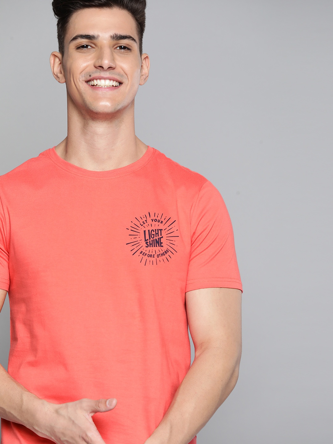 

Mast & Harbour Men Coral Pink Pure Cotton T-shirt