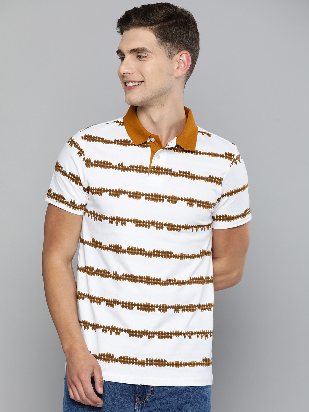 

Mast & Harbour Men White & Brown Striped Polo Collar Pure Cotton T-shirt