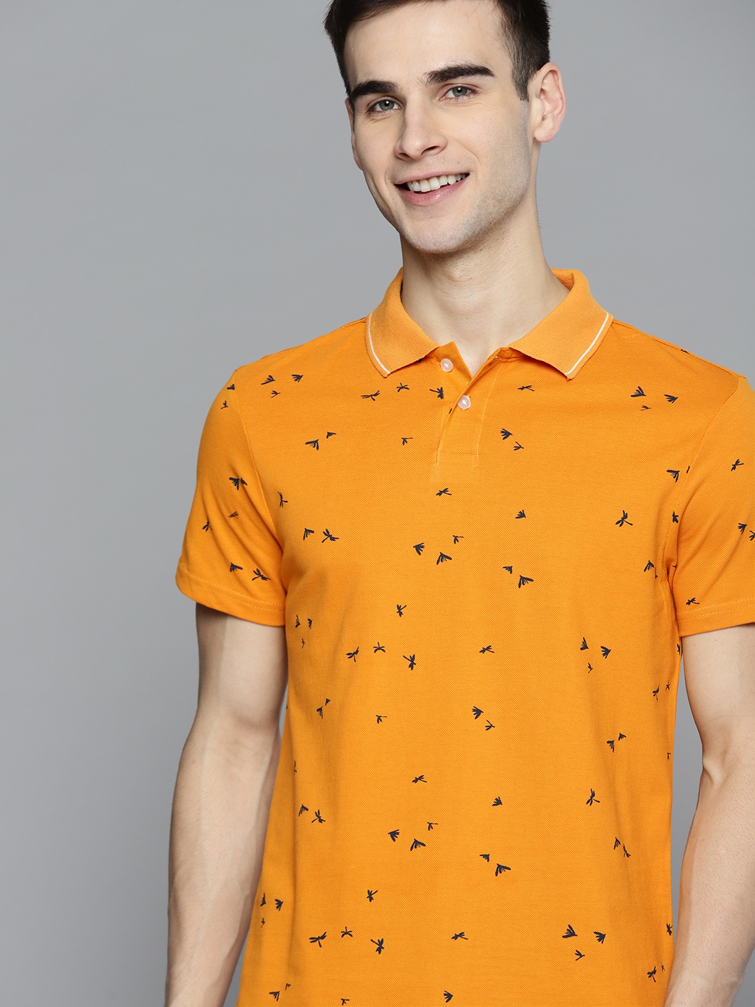 

Mast & Harbour Men Mustard Yellow Pure Cotton Printed Polo Collar T-shirt