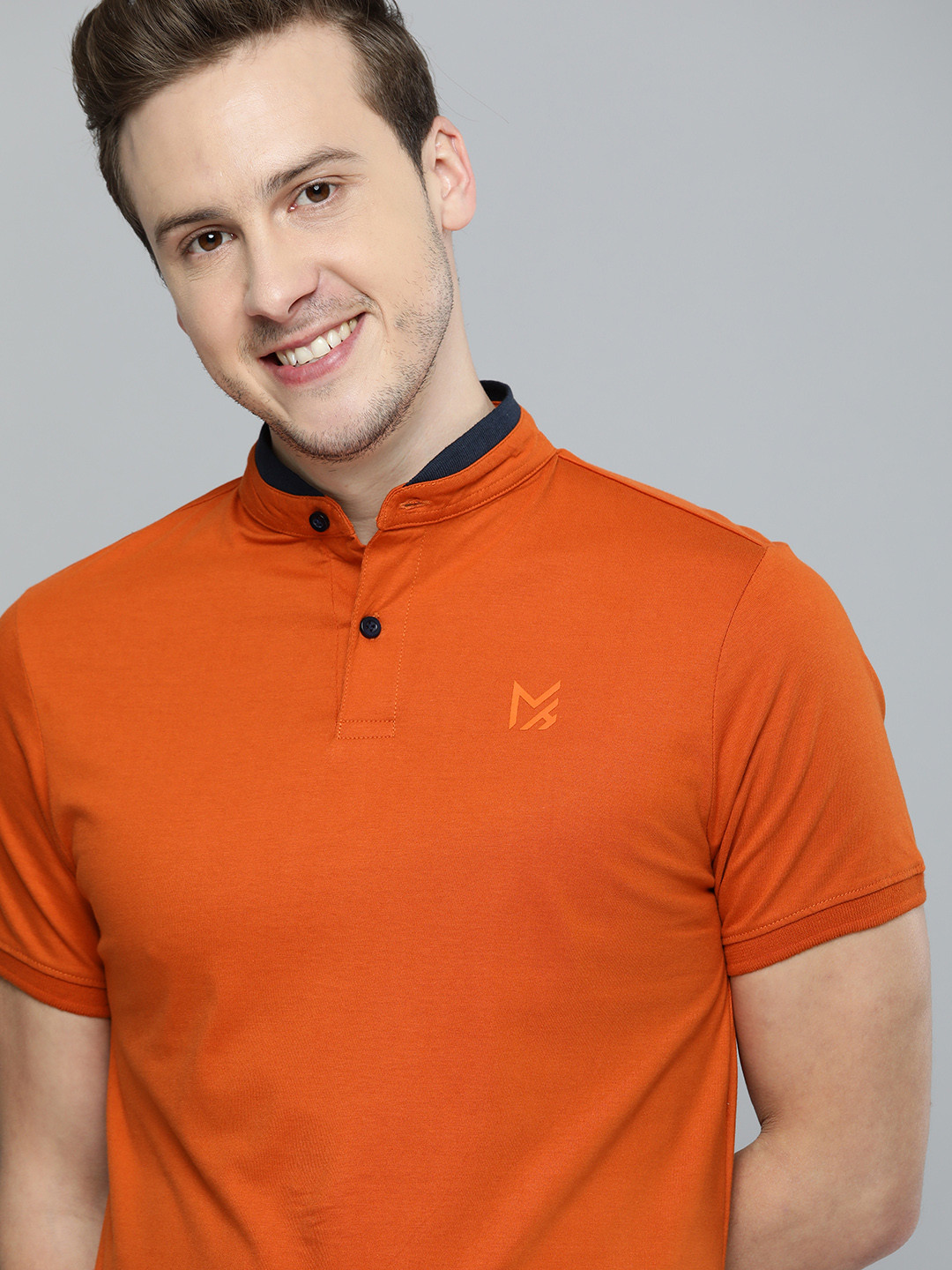 

Mast Harbour Men Rust Brown Mandarin Collar Pure Cotton T-shirt