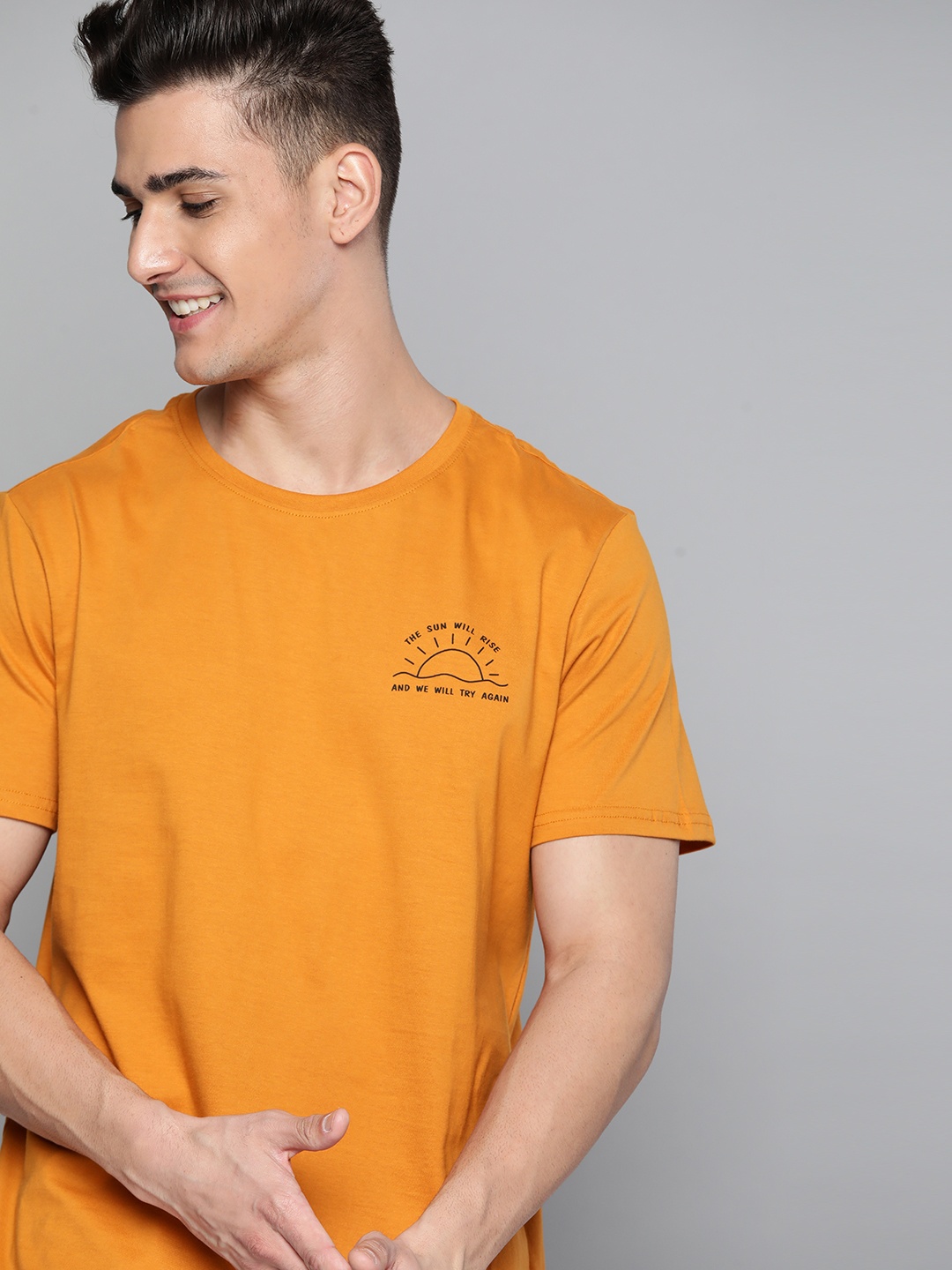 

Mast & Harbour Men Mustard Yellow Pure Cotton T-shirt