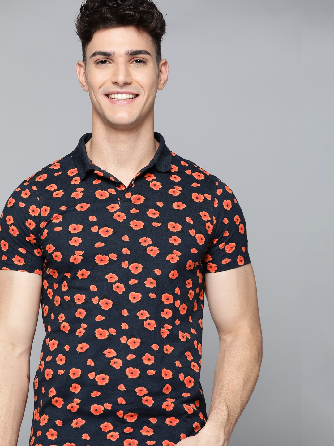 

Mast & Harbour Men Navy Blue & Coral Orange Pure Cotton Floral Printed Polo Collar T-shirt