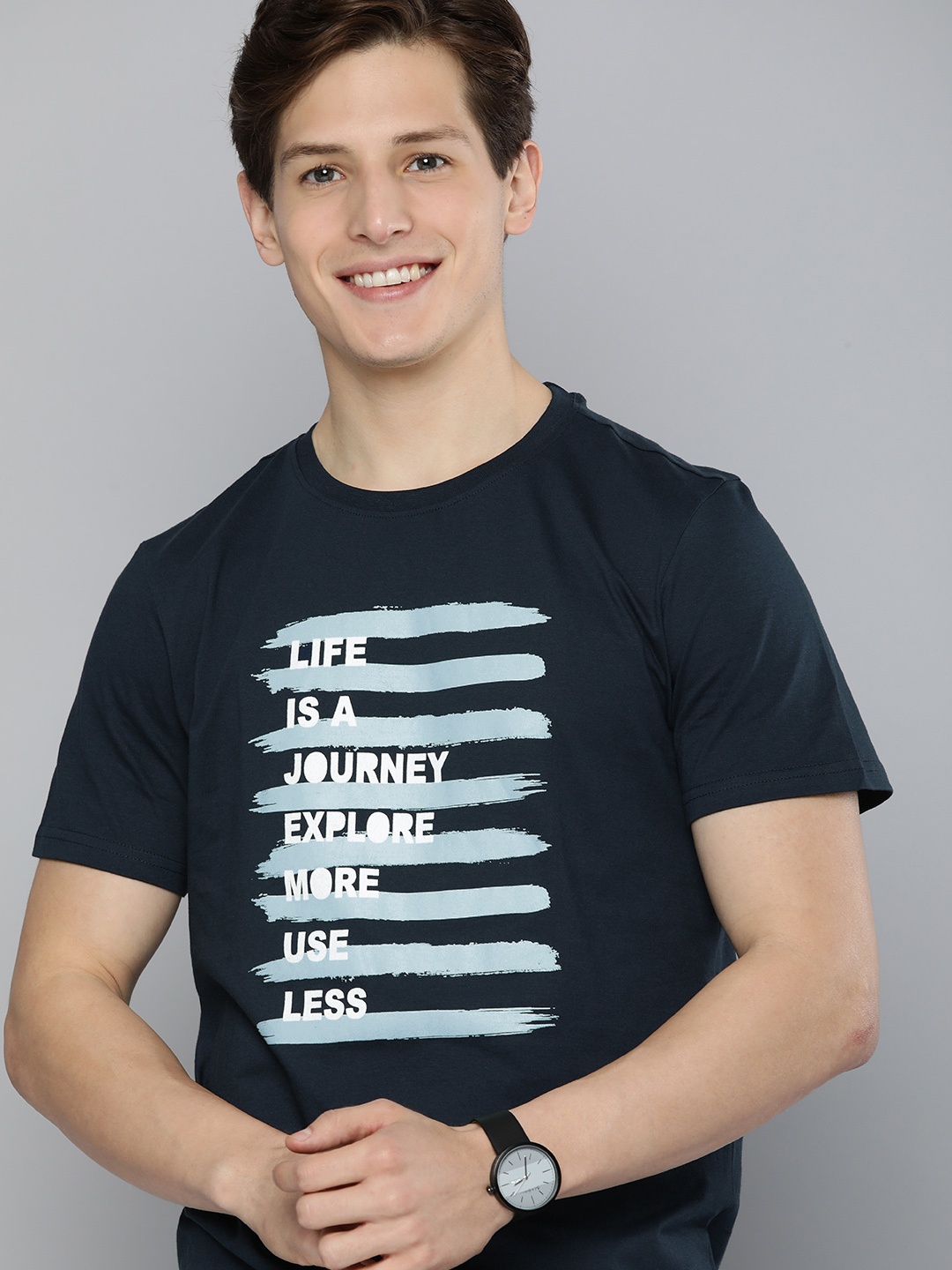 

Mast & Harbour Men Navy Blue Typography Printed Round Neck Pure Cotton T-shirt