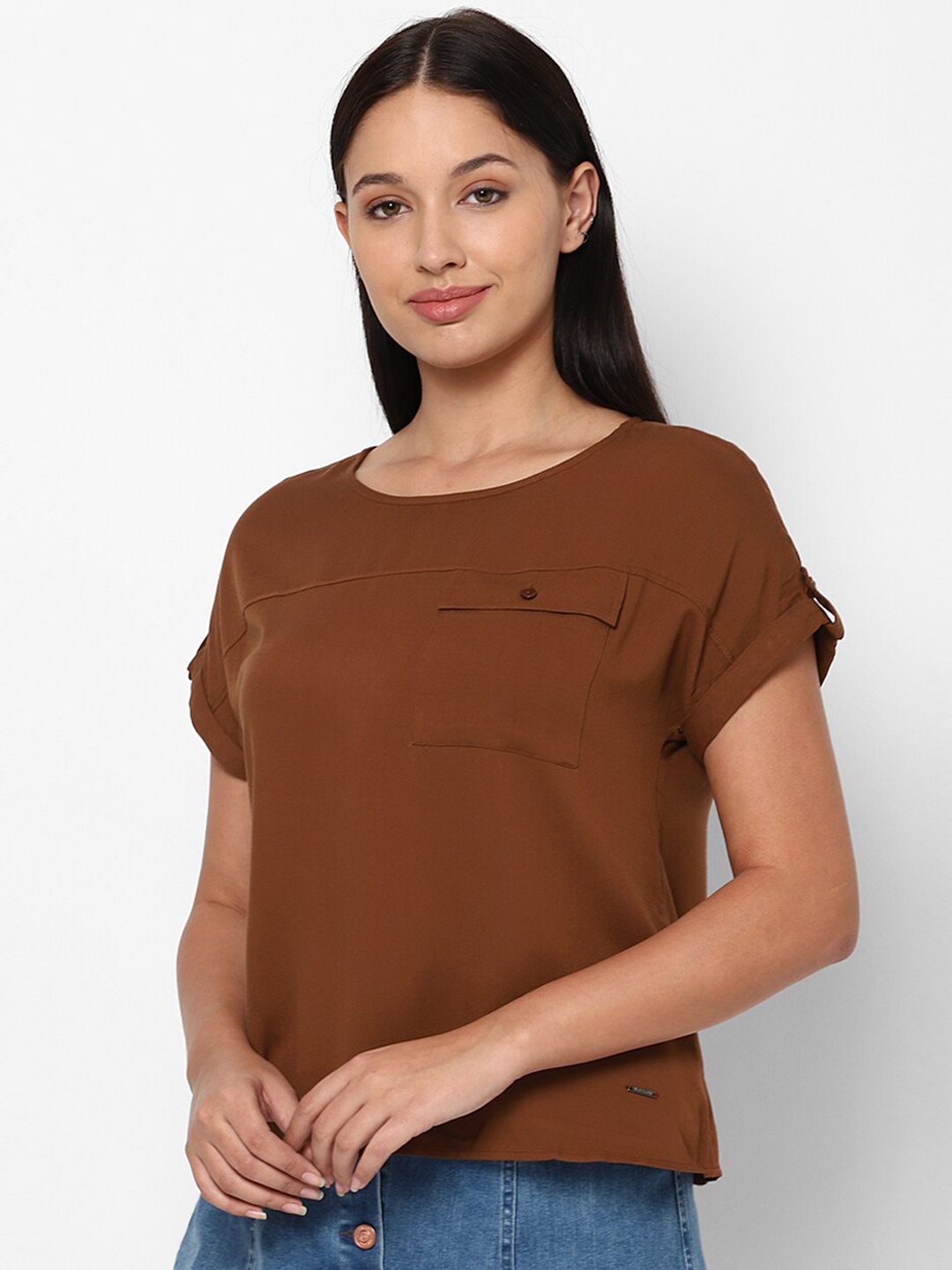 

Allen Solly Woman Women Brown Roll-Up Sleeves Regular Top