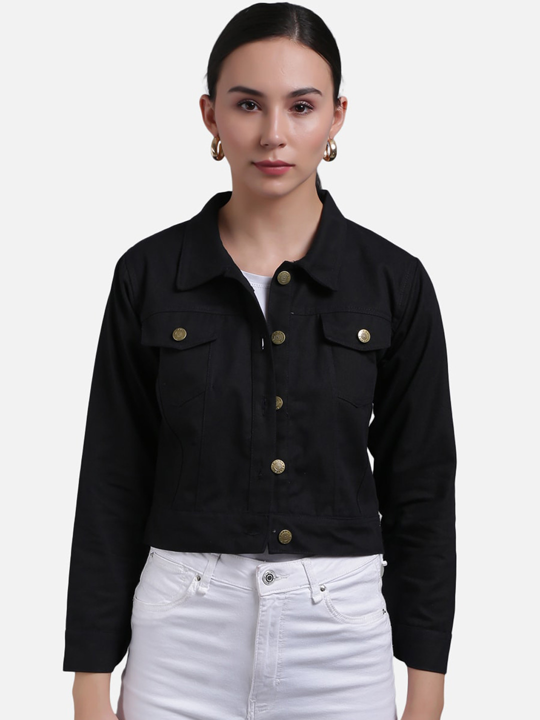 

FurryFlair Women Black Washed Crop Denim Jacket