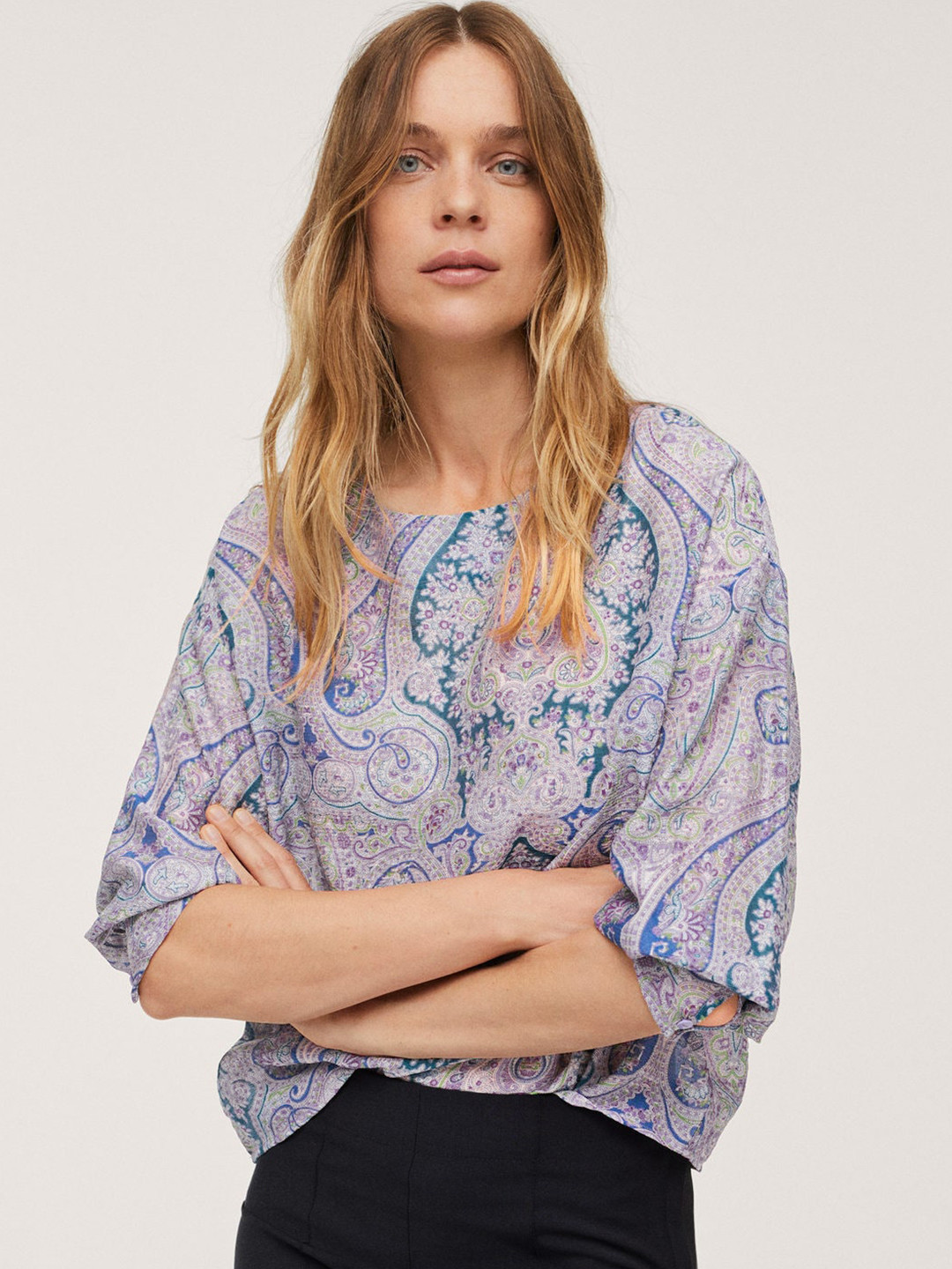 

MANGO Green & Purple Ethnic Print Regular Top