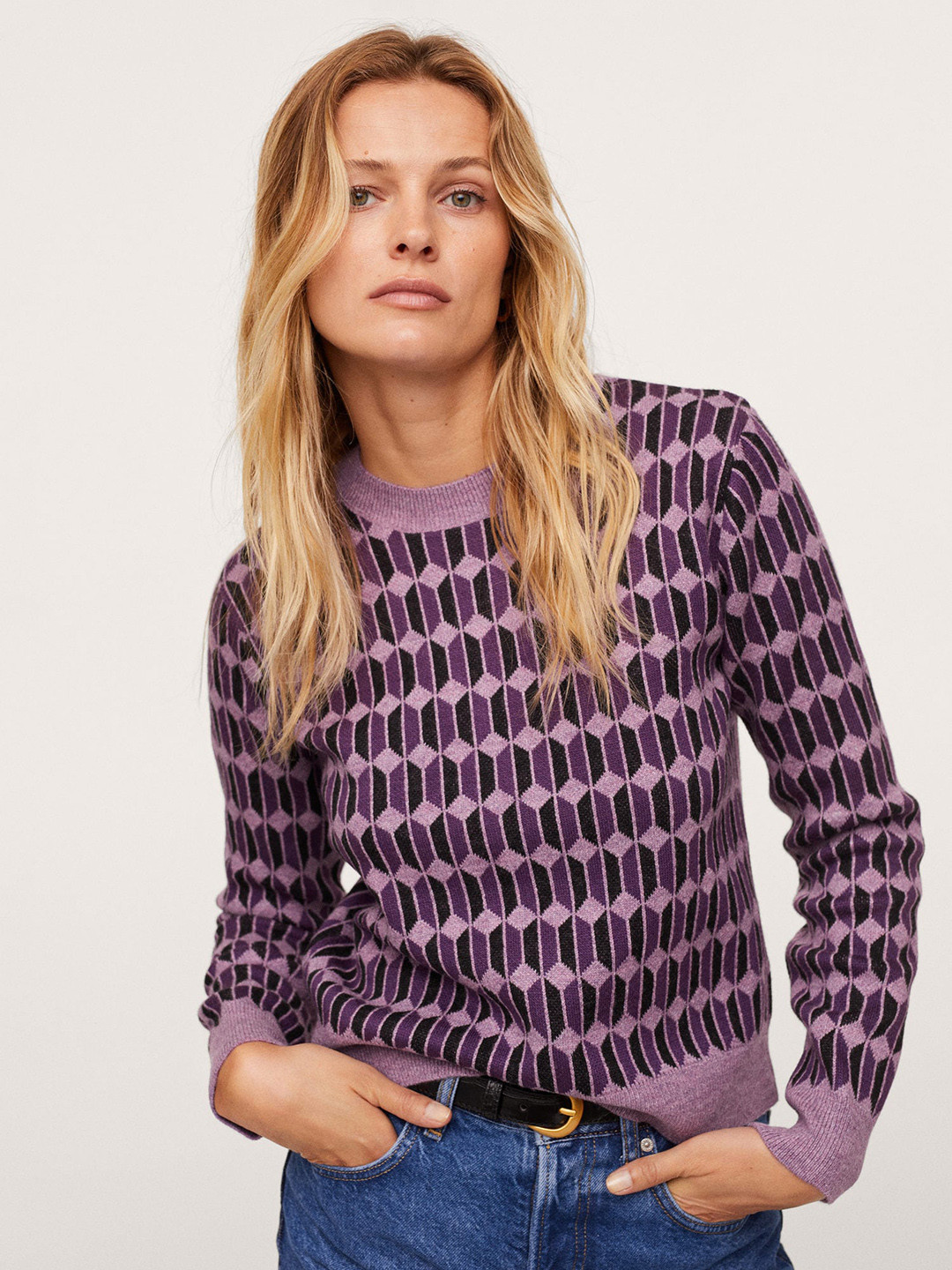 

MANGO Women Purple & Black Self-Design Pullover