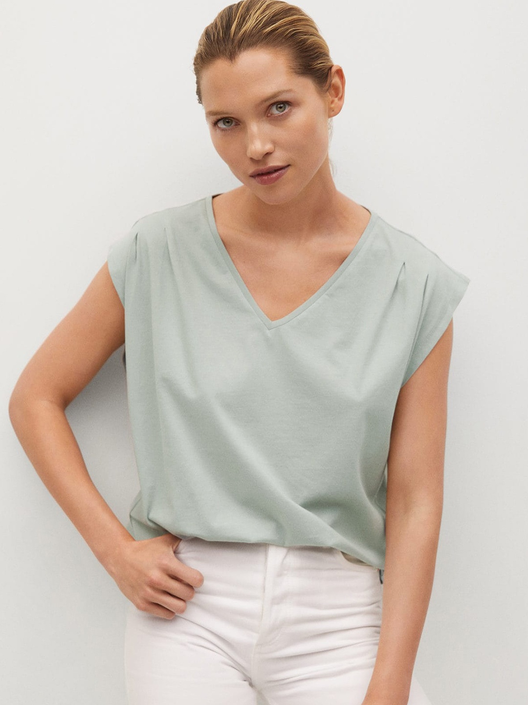

MANGO Women Grey Pleat Detailed V-Neck T-shirt