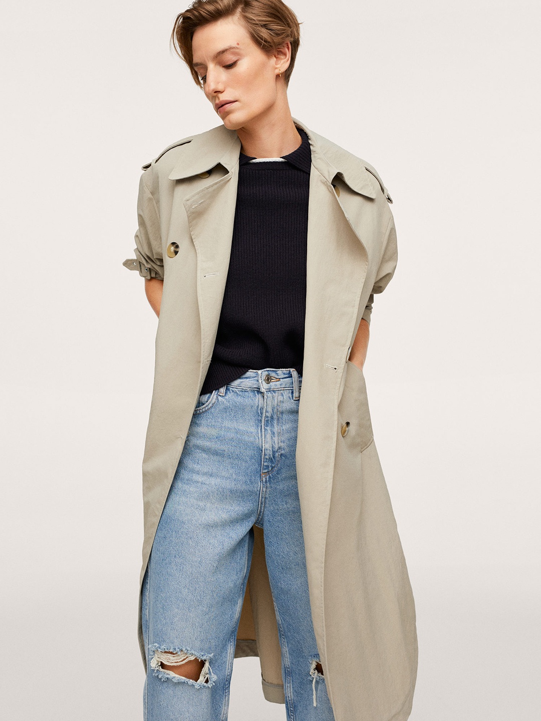 

MANGO Women Beige Solid Longline Trench Coat