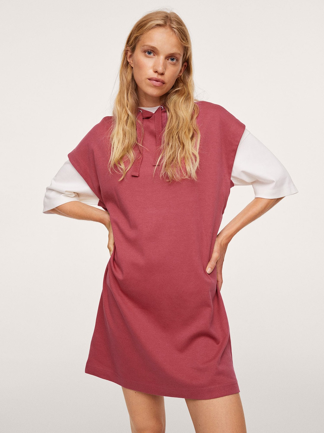 

MANGO Rust Pink Solid Cotton Hooded A-Line Dress, Coral