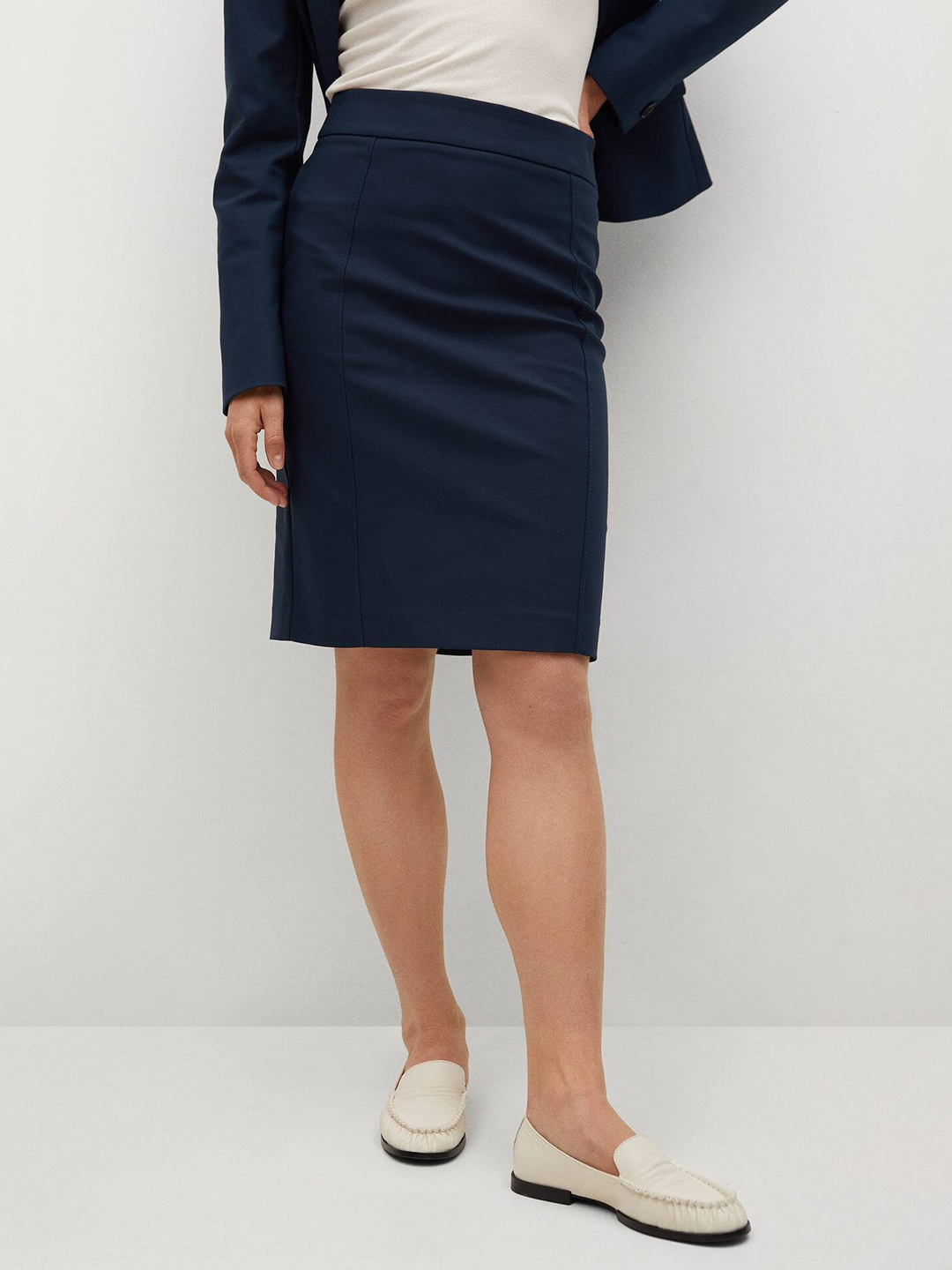 

MANGO Women Navy Blue Solid Pencil Knee-Length Skirt