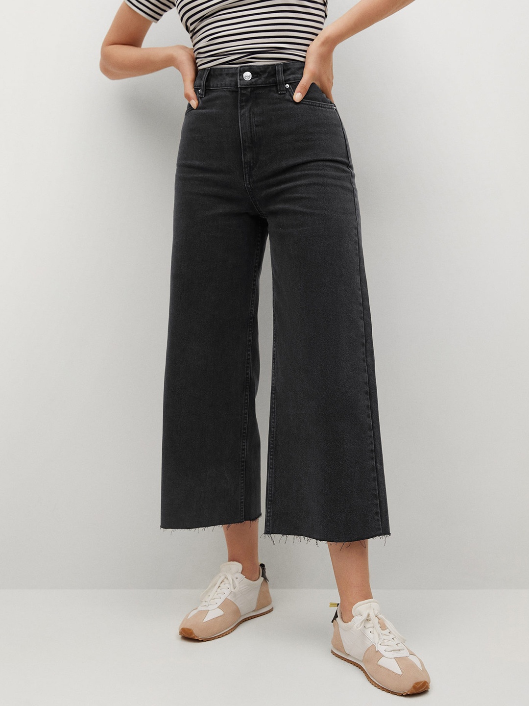 

MANGO Women Black Pure Cotton High-Rise Culotte Jeans